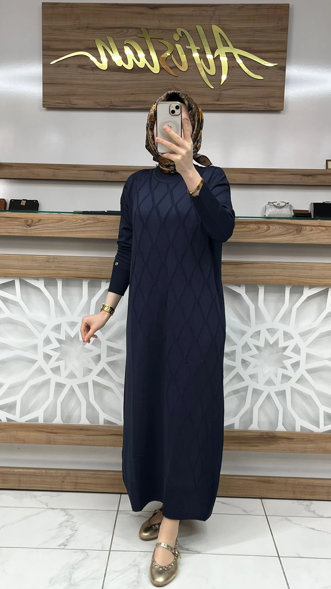 Baklava Desenli Merserize  Elbise armn 25KTD957 - lacivert