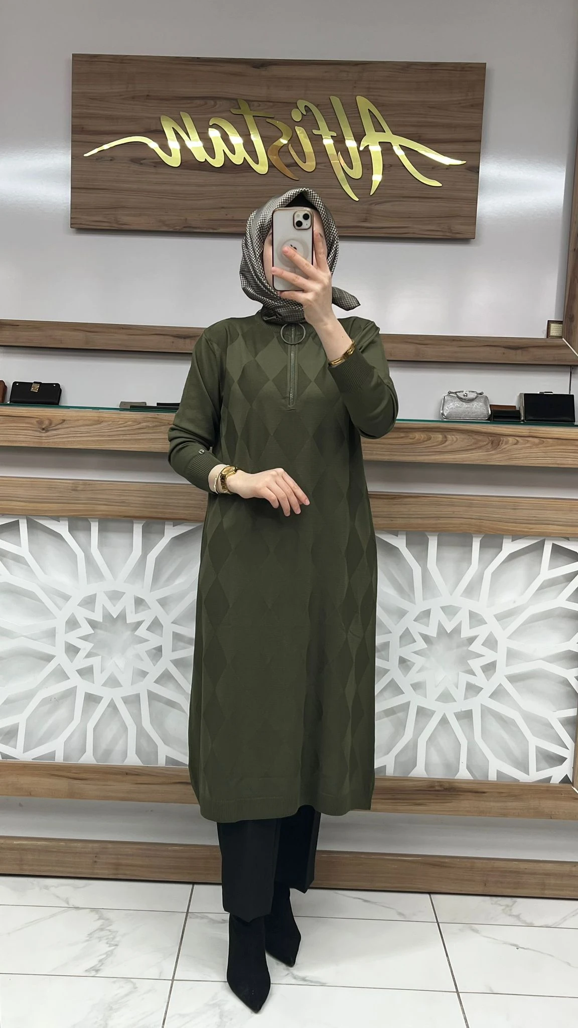 Baklava Desenli Merserize Tunik armn 25KTD4112 - haki