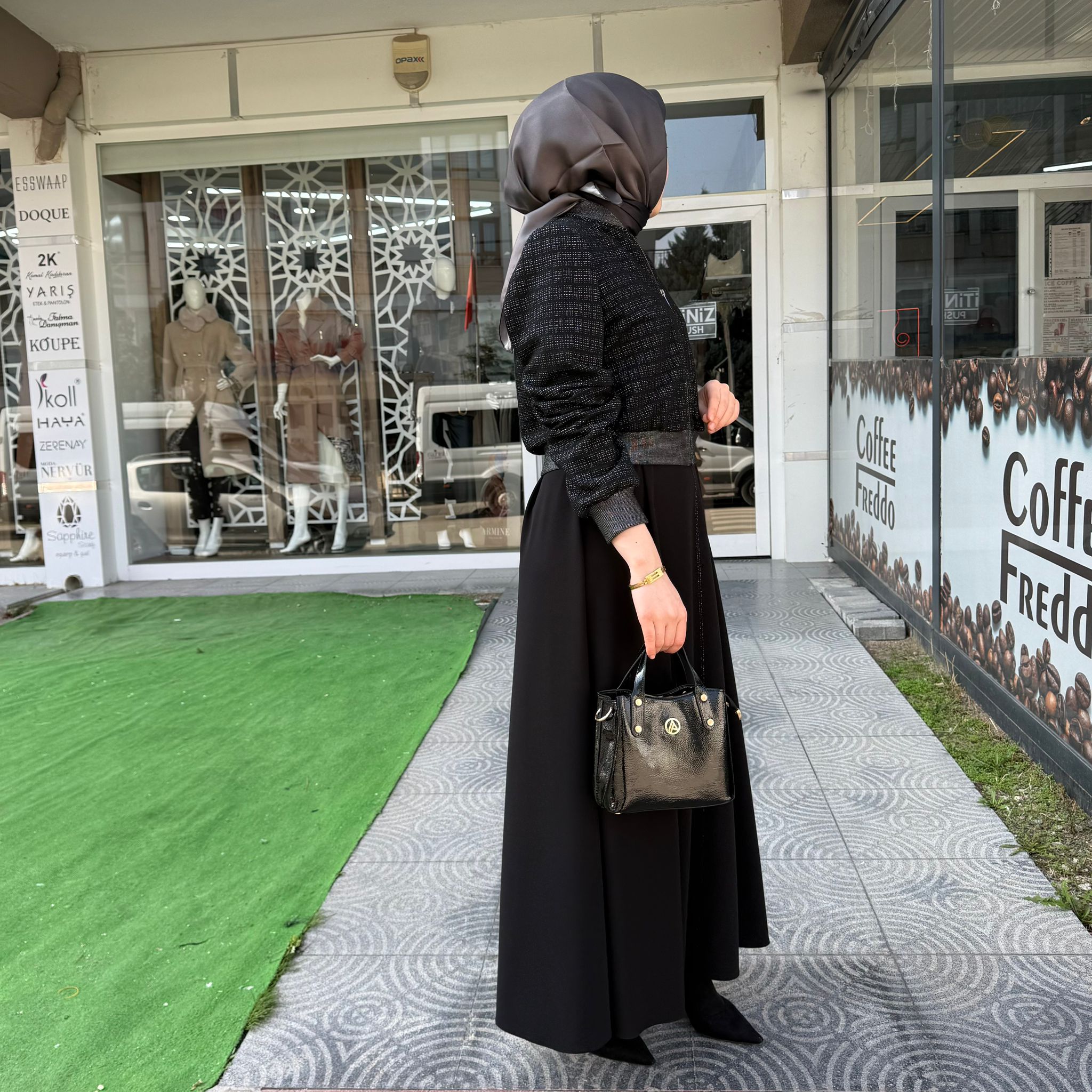 Desenli Bomber Ceket Elbise Siyah İkili Takım ZÜHRE TK-1662