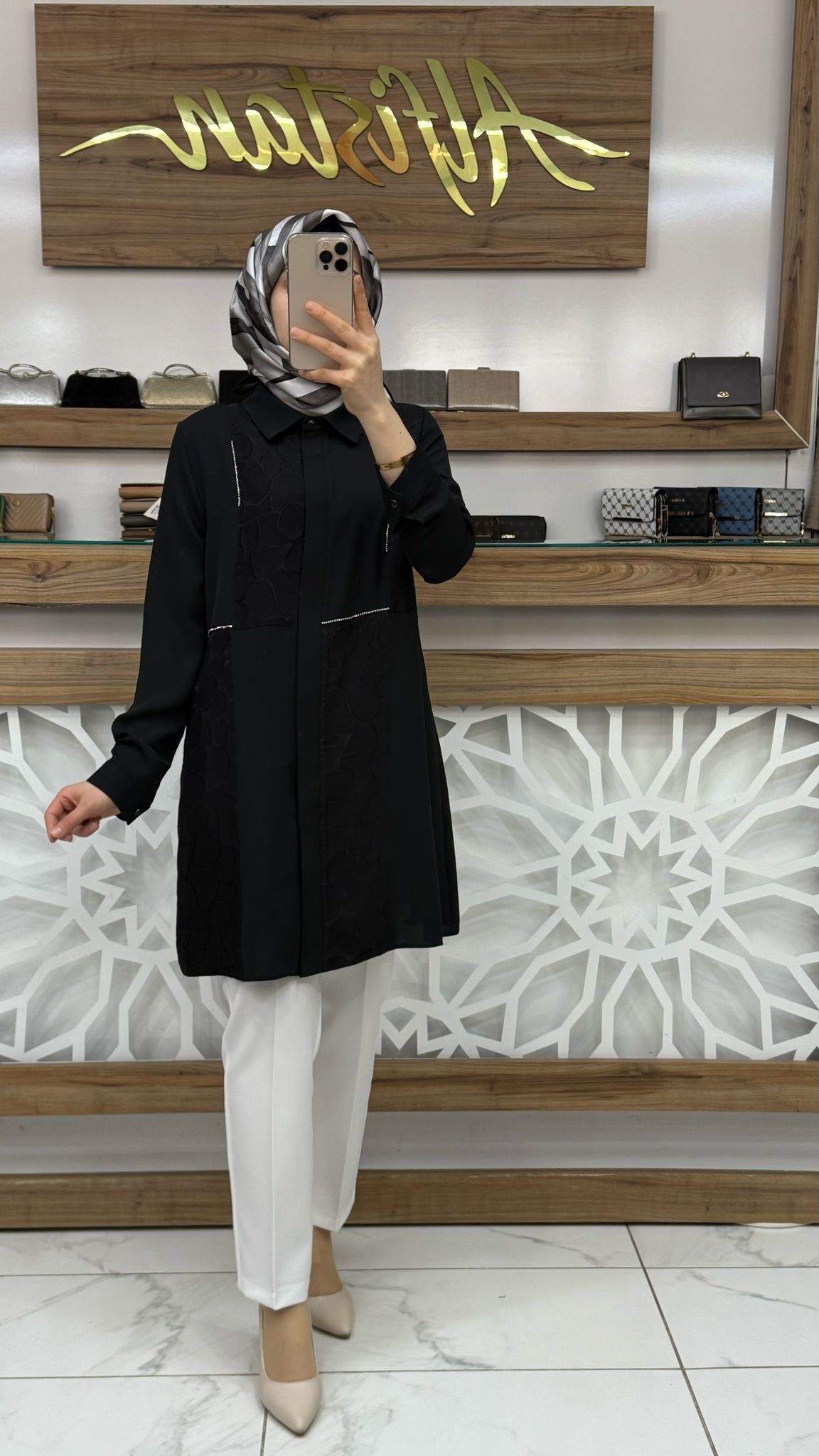 Yakma Garnili Taşlı Tesettür Tunik SİYAH qtn 2964