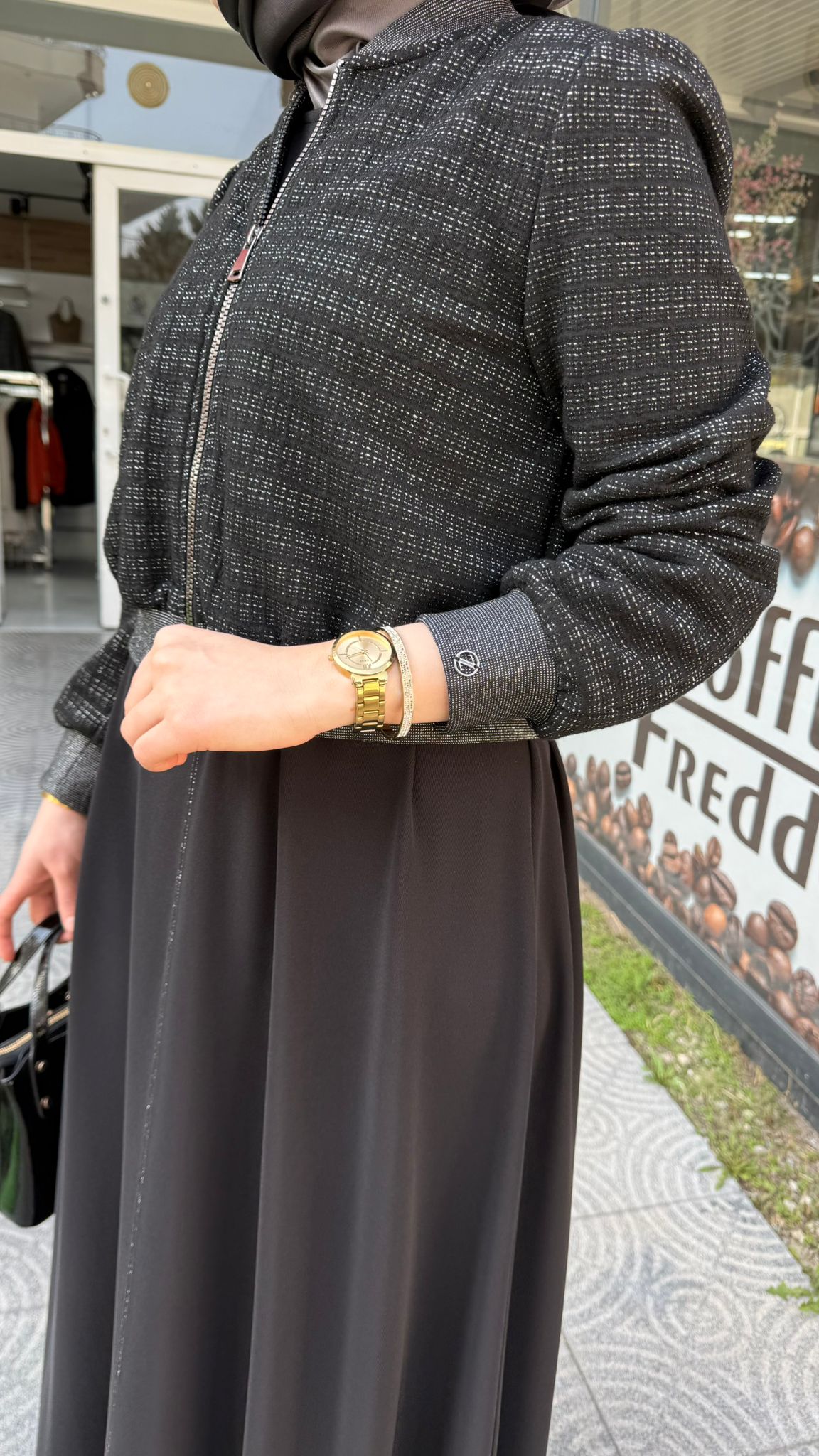 Desenli Bomber Ceket Elbise Siyah İkili Takım ZÜHRE TK-1662