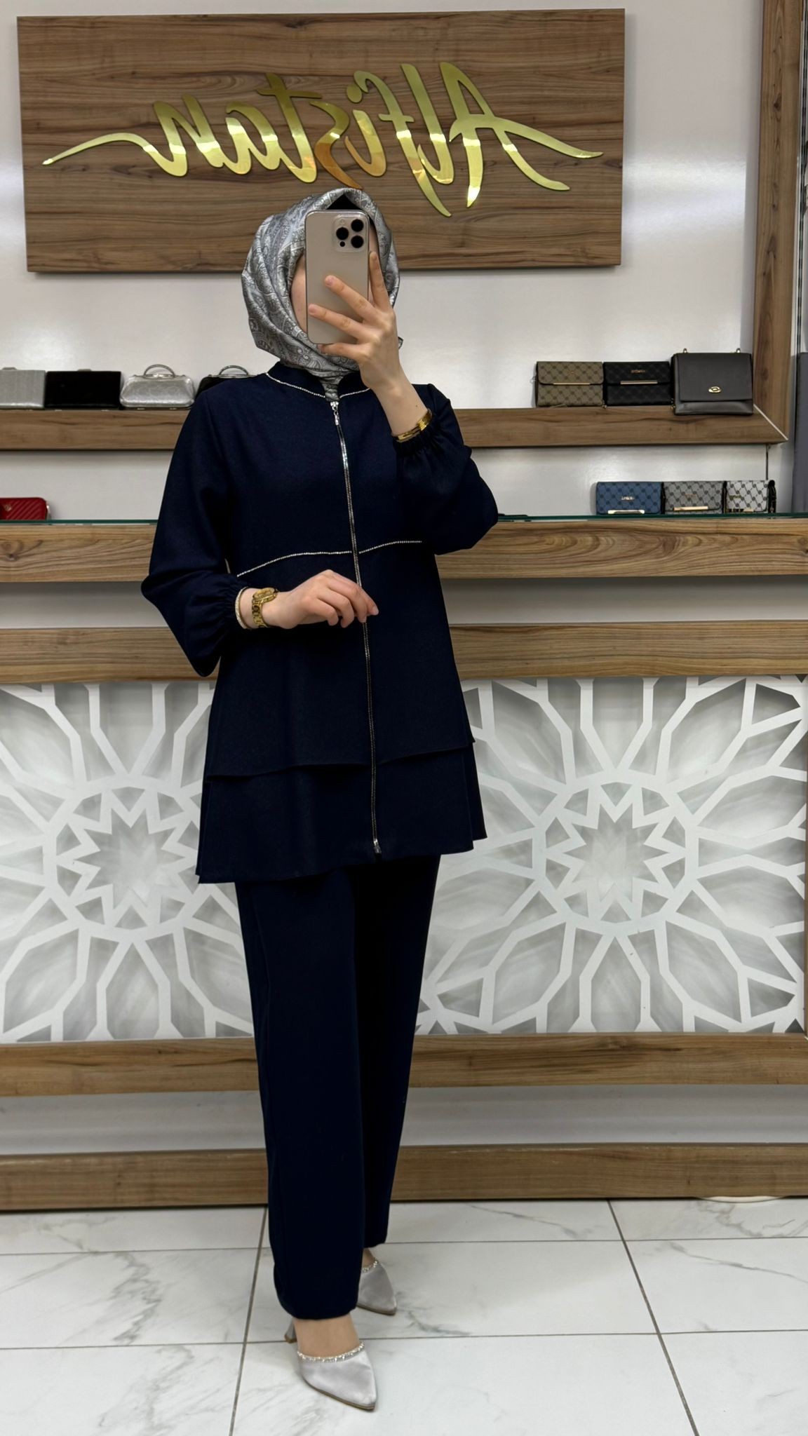 Simli Taşlı Pantolonlu Kadın İkili Takım qntn 6126 - lacivert
