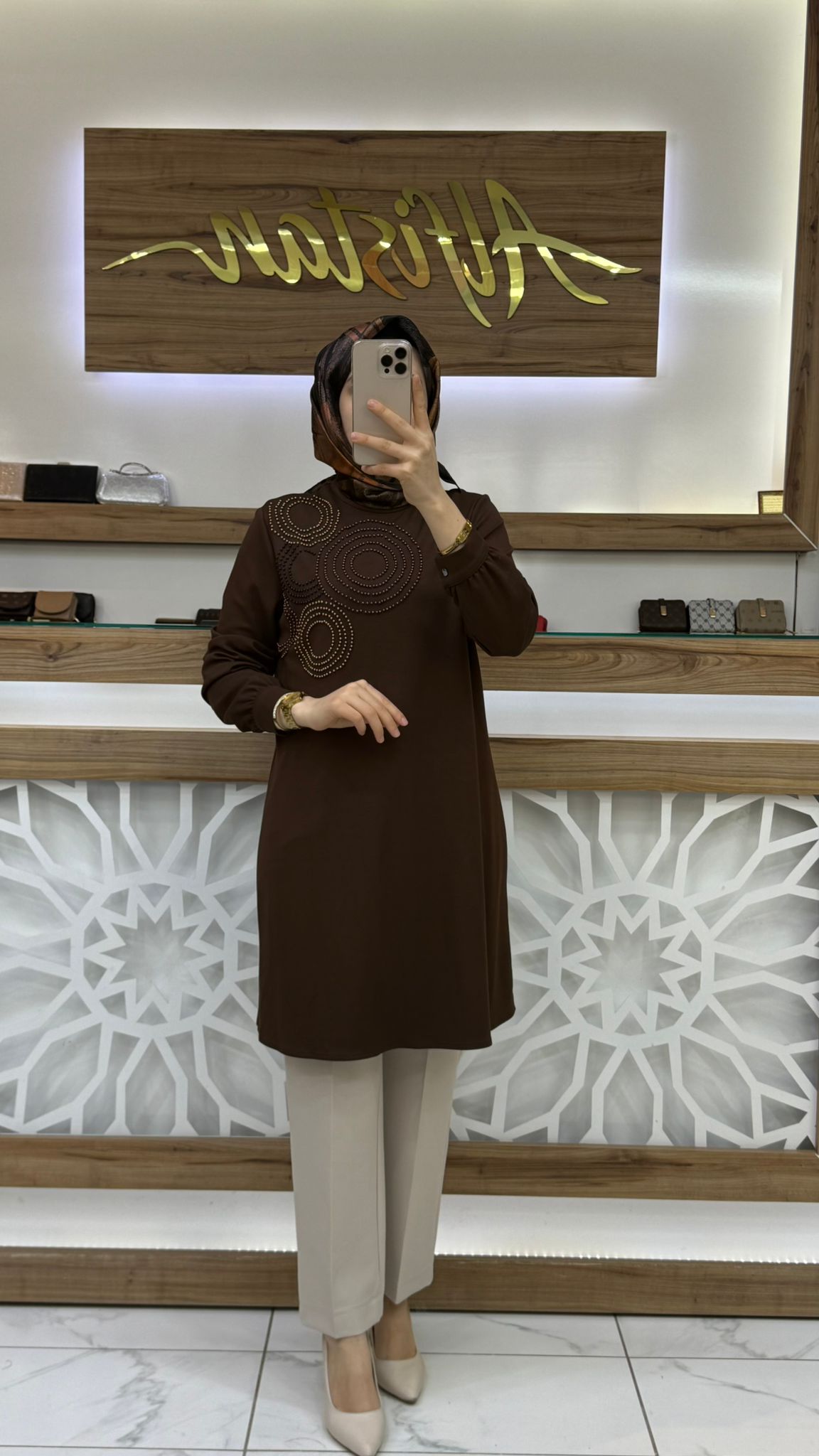 Daire İncili Tunik haya A1623 - Kahvrengi