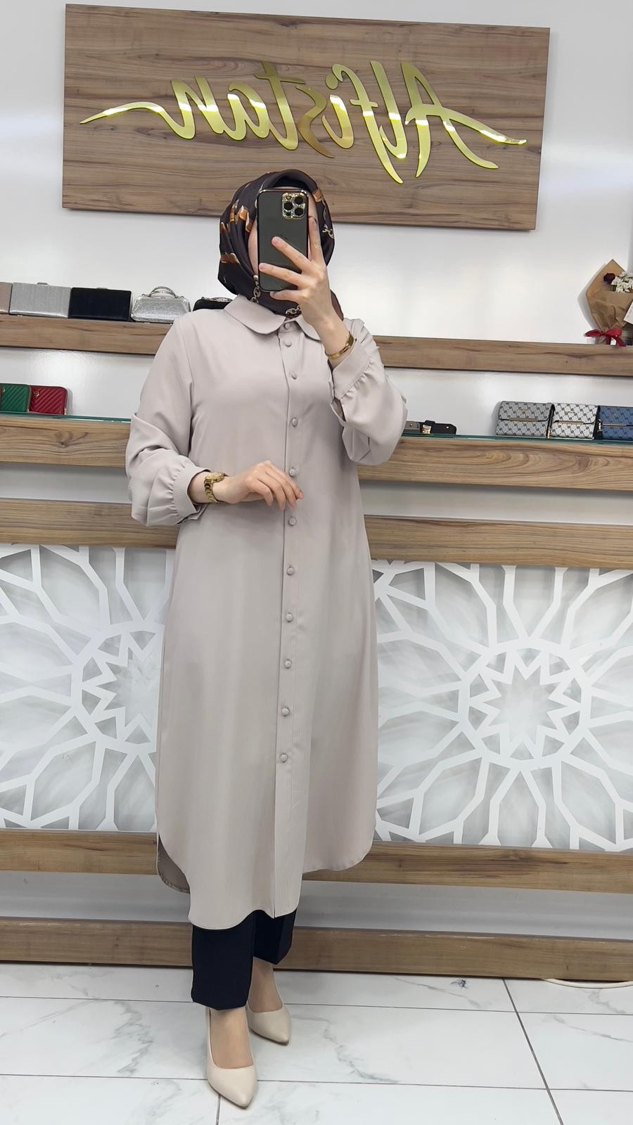  Çizgili Kadın Tesettür Taşlı Tunik SİYAH qtn 2971 - bej