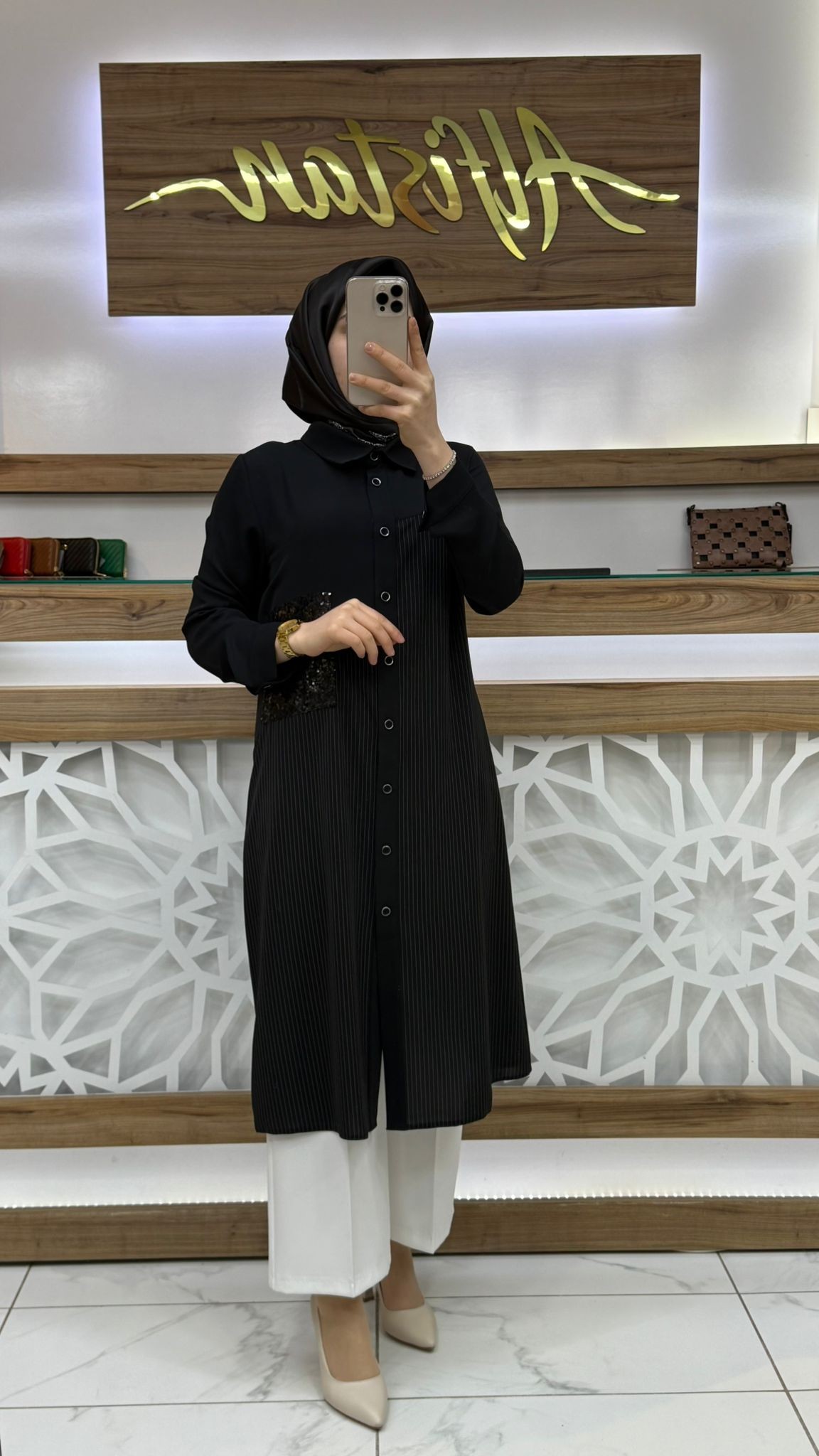 Çizgili Pul Payetli Tesettür  Tunik SİYAH qtn 2921 - siyah