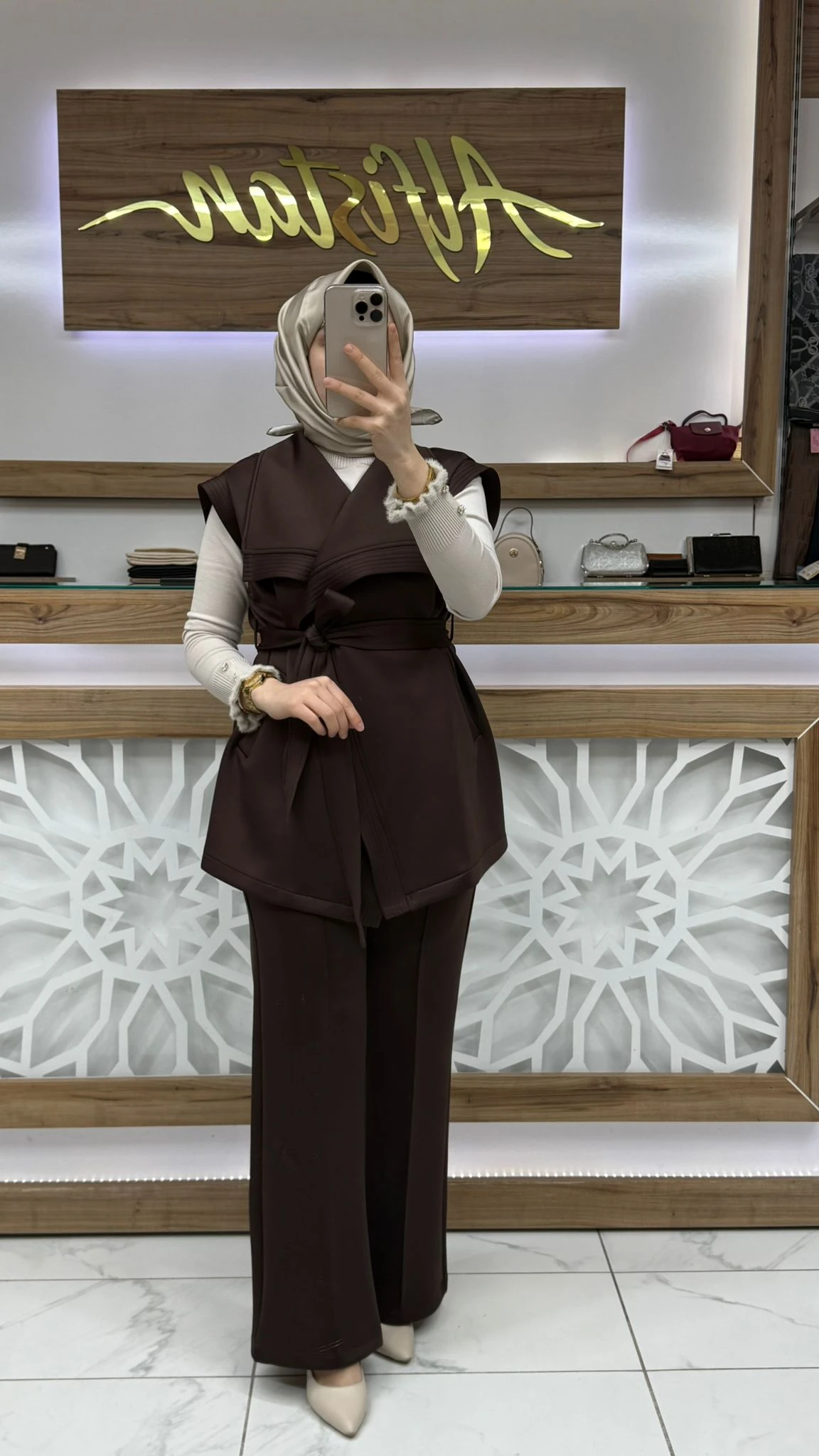 Yelekli Pantolonlu Kadın İkili Takım puane 100 - K. KAHVERENGİ