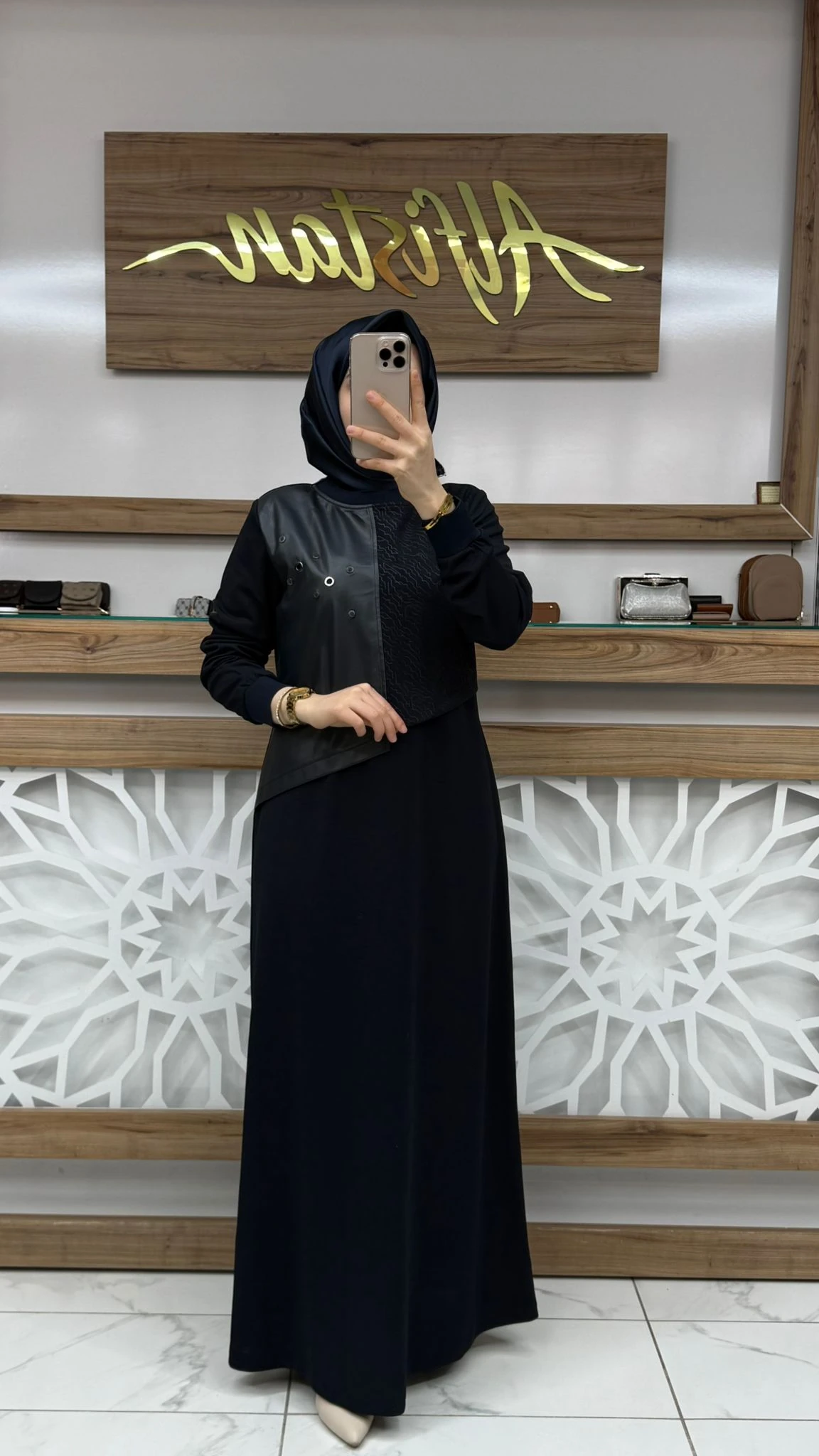 Deri ve Kuş Gözü Detaylı  Elbise çnrö 2251