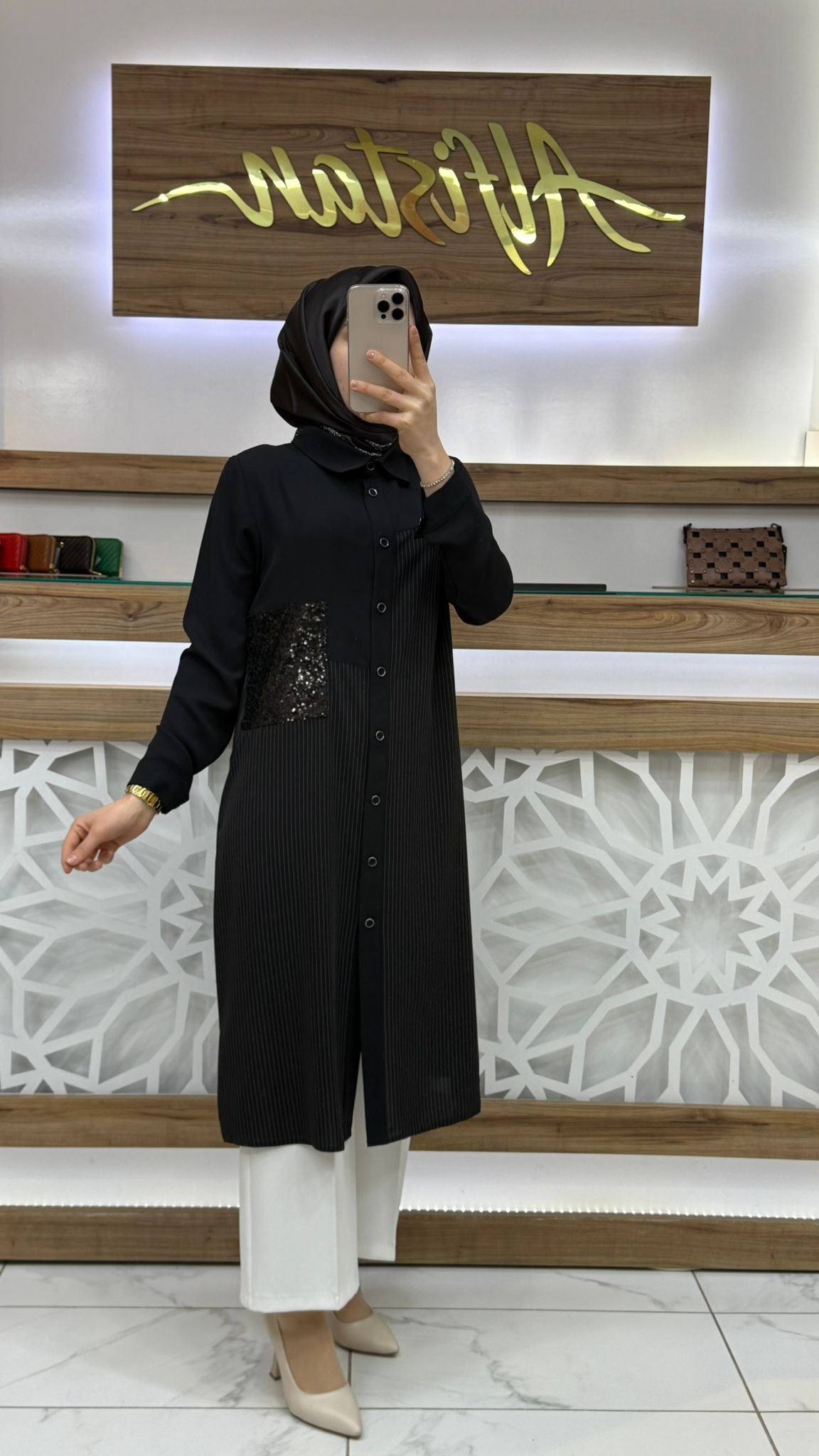 Çizgili Pul Payetli Tesettür  Tunik SİYAH qtn 2921