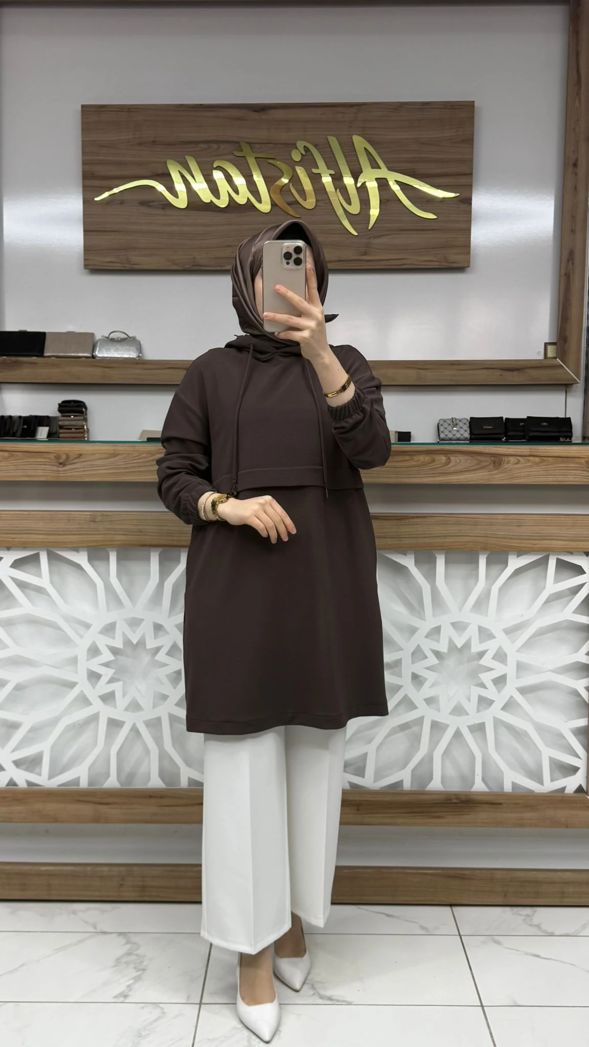 Kapüşonlu Yandan Cepli Kolları Lastikli Fitilli Tunik armn 25KT462 - Kahvrengi