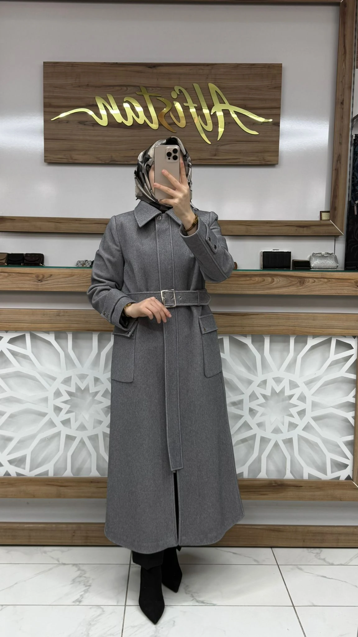 Kapüşonlu Kemer Detaylı Kaşe Kaban ZÜHRE 13925 - gri