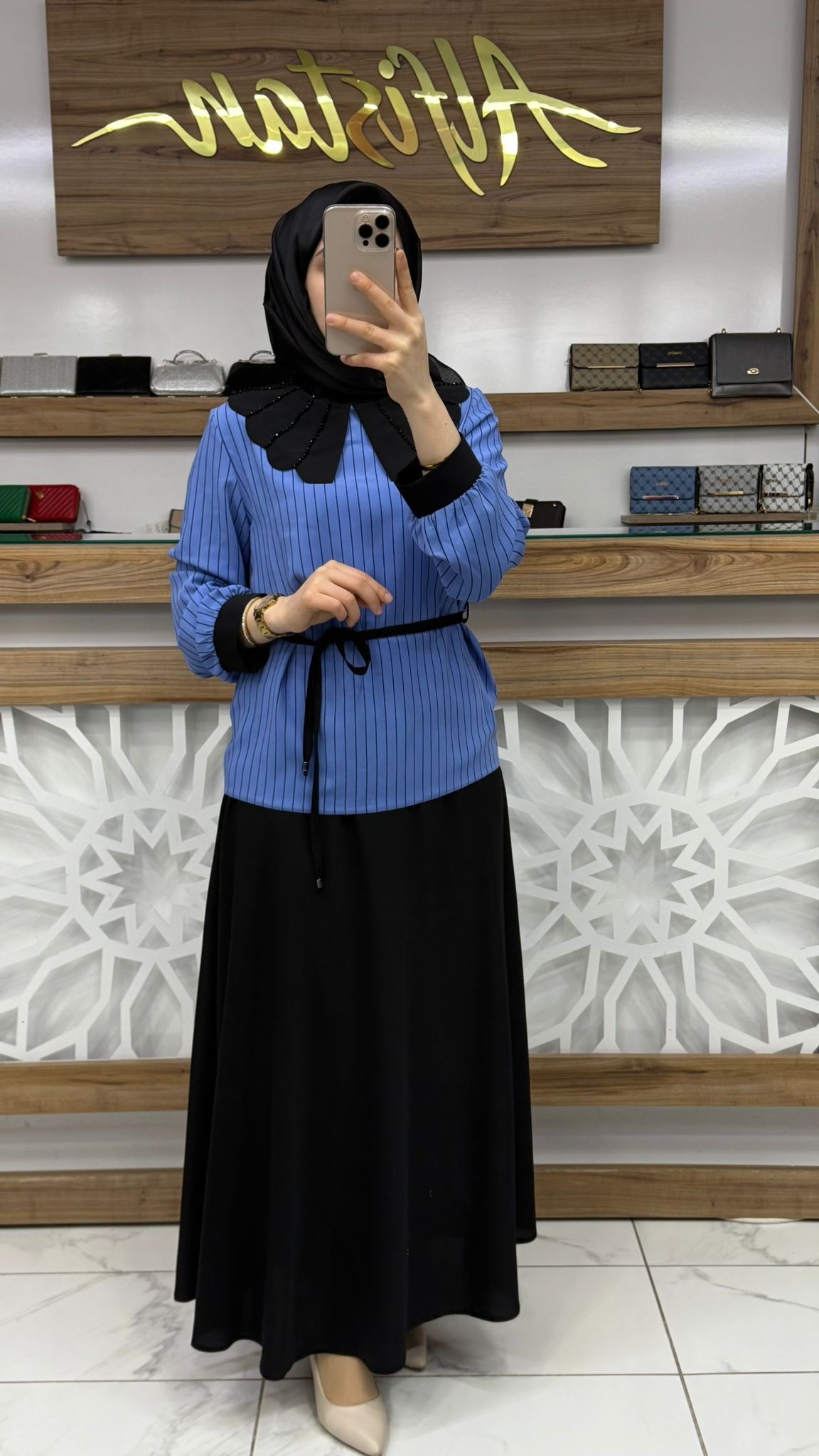 Yaka Taş Detaylı Etekli İkili Takım qntn 6109 - mavi