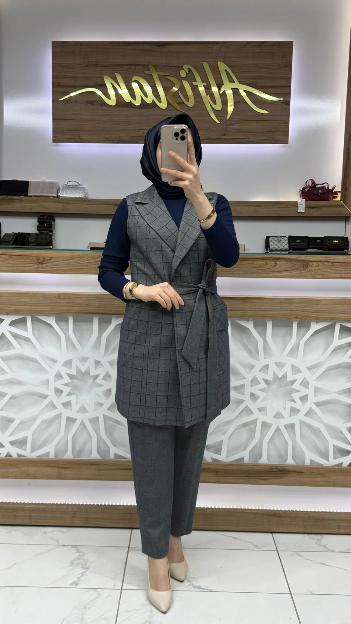 Ekose Desenli Üçlü Kombin Takım ZÜHRE TK-1050 - İndigo Mavi