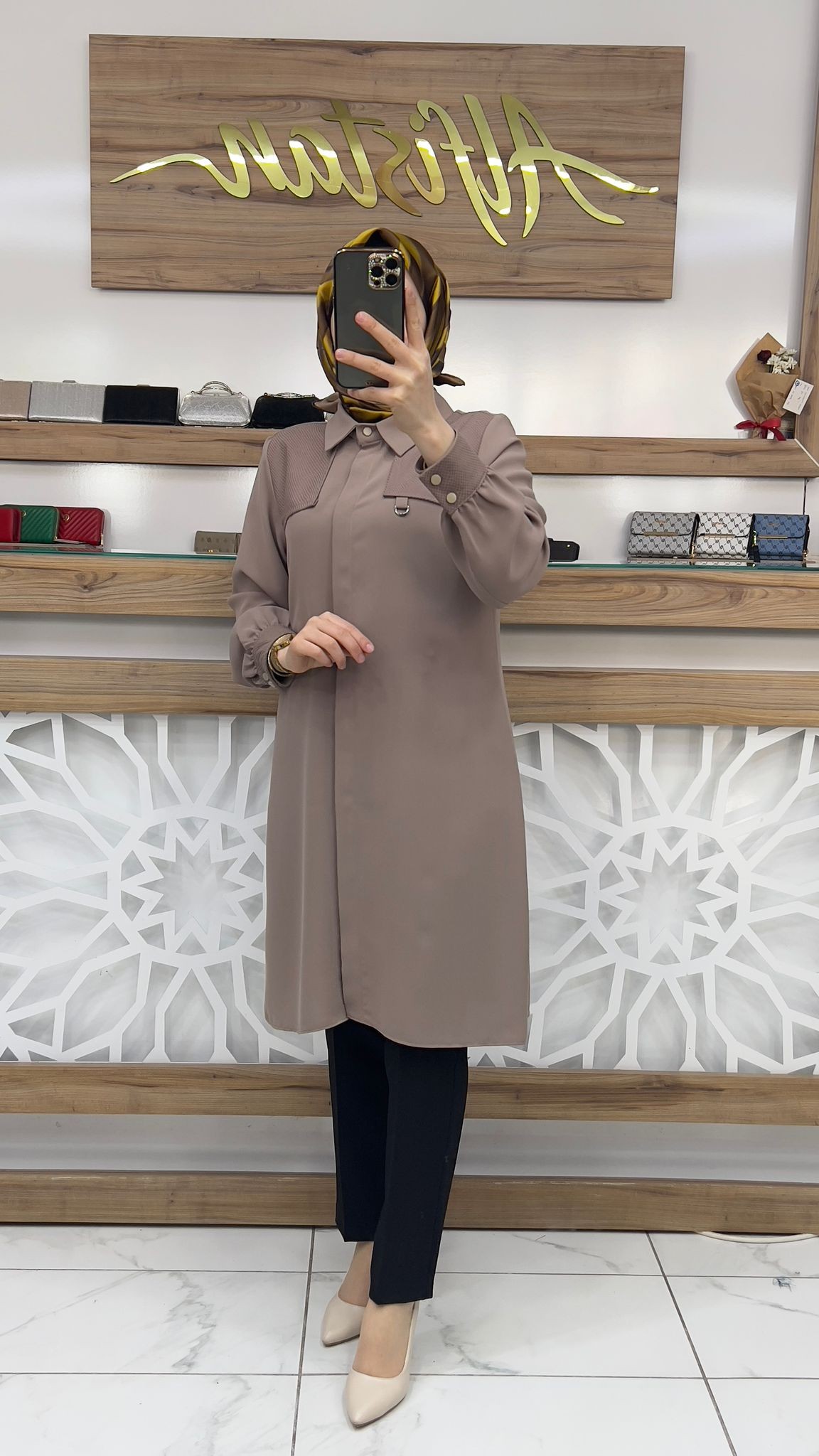 Baskı Dedaylı Tunik  hnnr 1115 - vizon