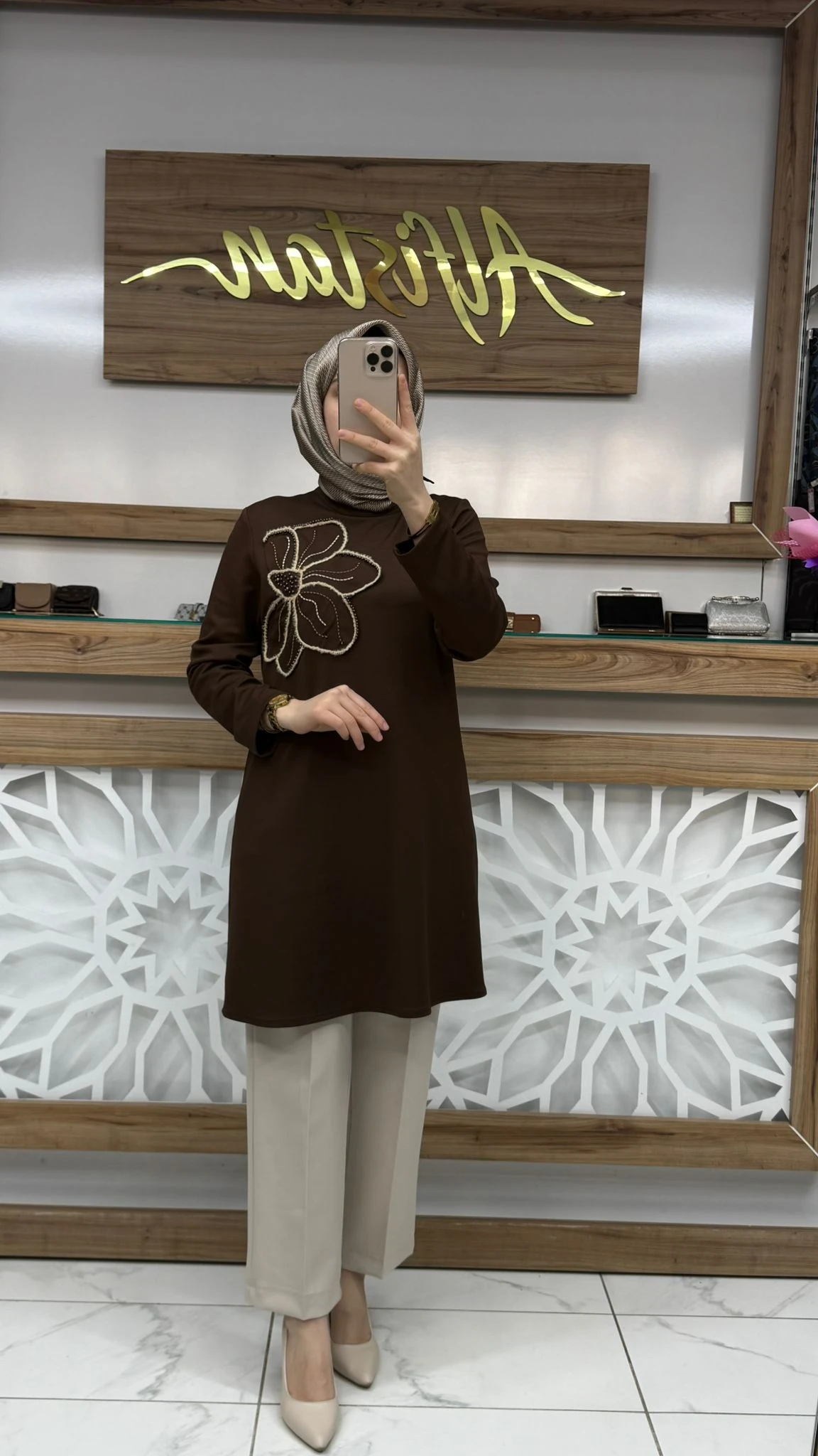 Önü Taş İşlemeli Tunik haya A1625 - Kahvrengi