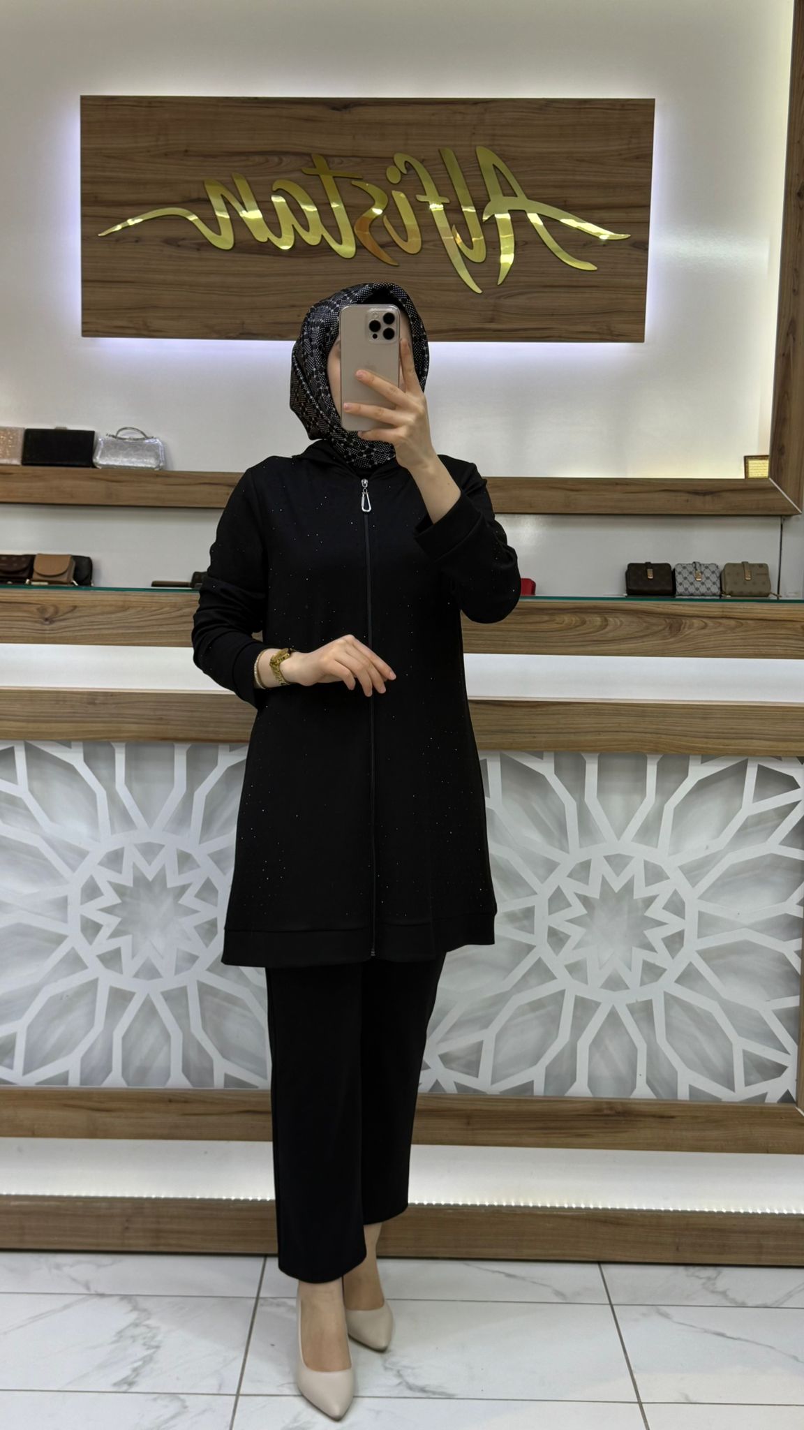 Kapüşonlu Taş İşlemeli Kadın İkili Takım haya A1642 - siyah