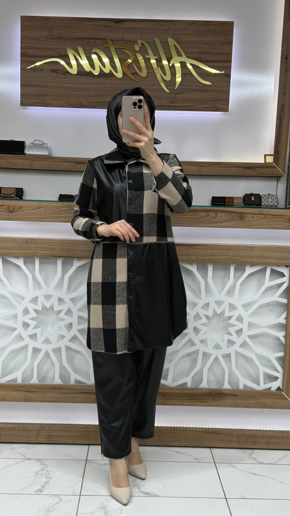 Ekoseli Deri Detaylı Oduncu Gömlek Tunik qtn 4958 - bej