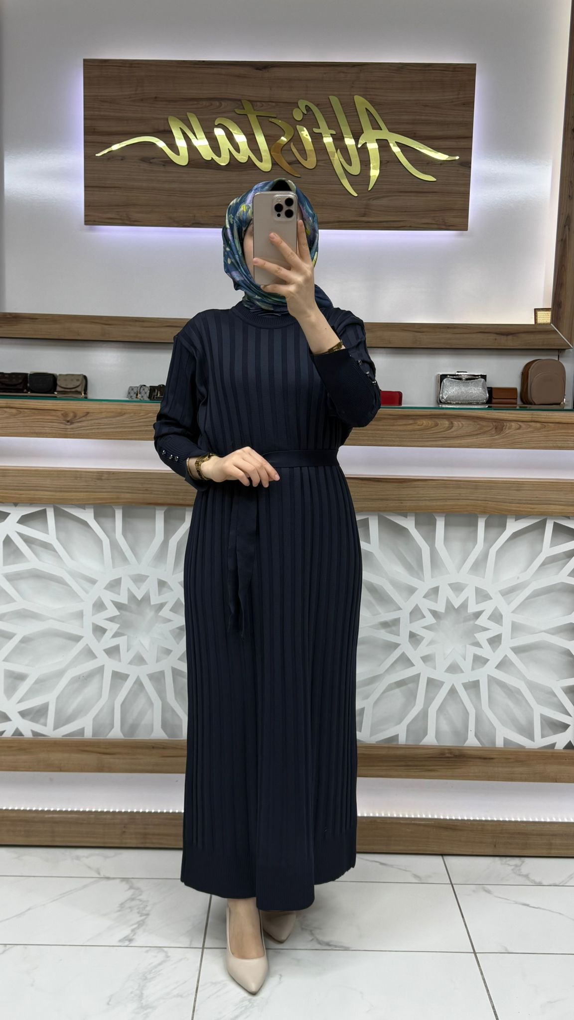 Uzun Çizgili Kolu Düğme Detaylı Merserize Elbise kado  5039 - lacivert