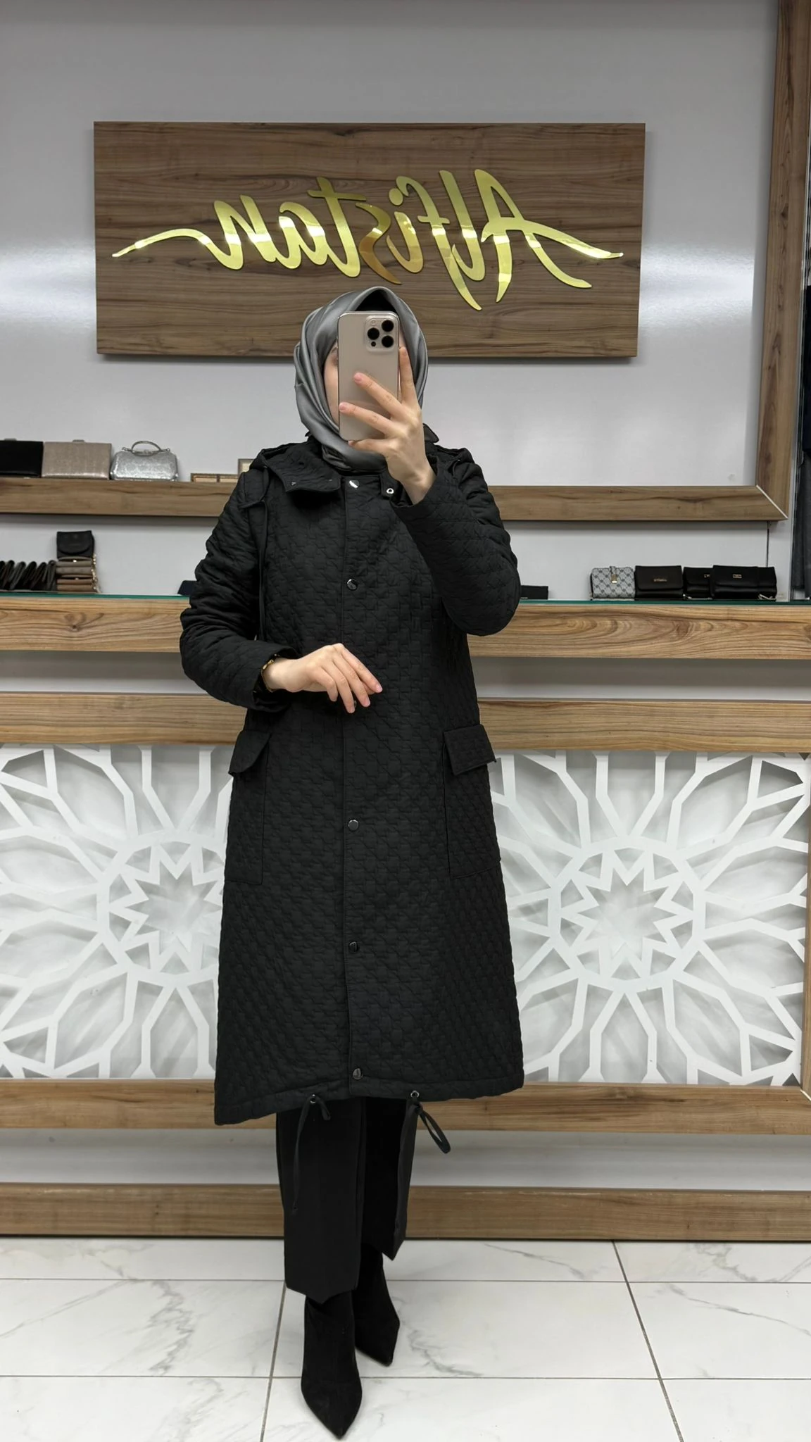 Kapüşonlu Desenli  Mont ZÜHRE 13856 - siyah