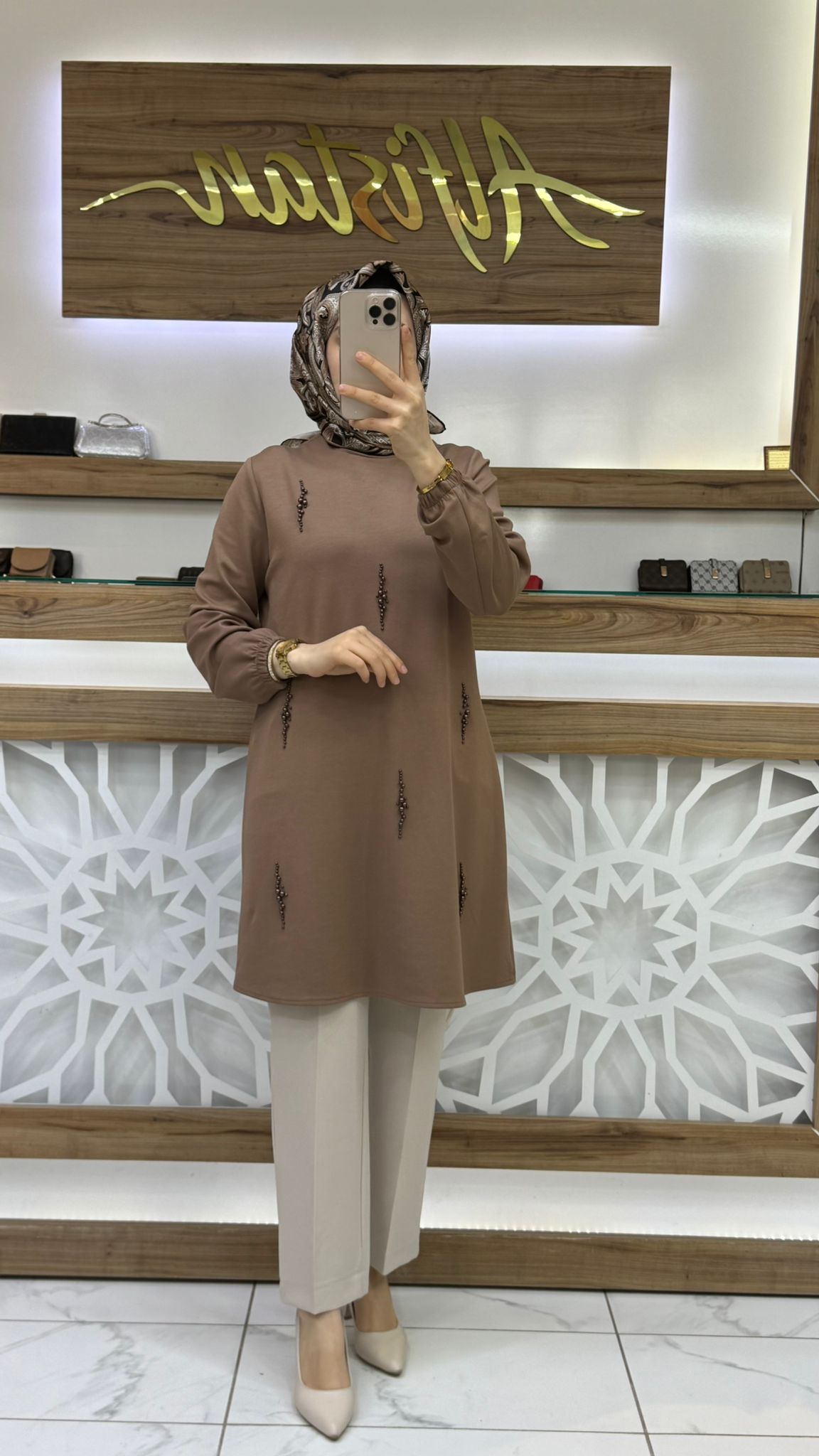 İnci Detaylı Tunik haya A1626 - latte