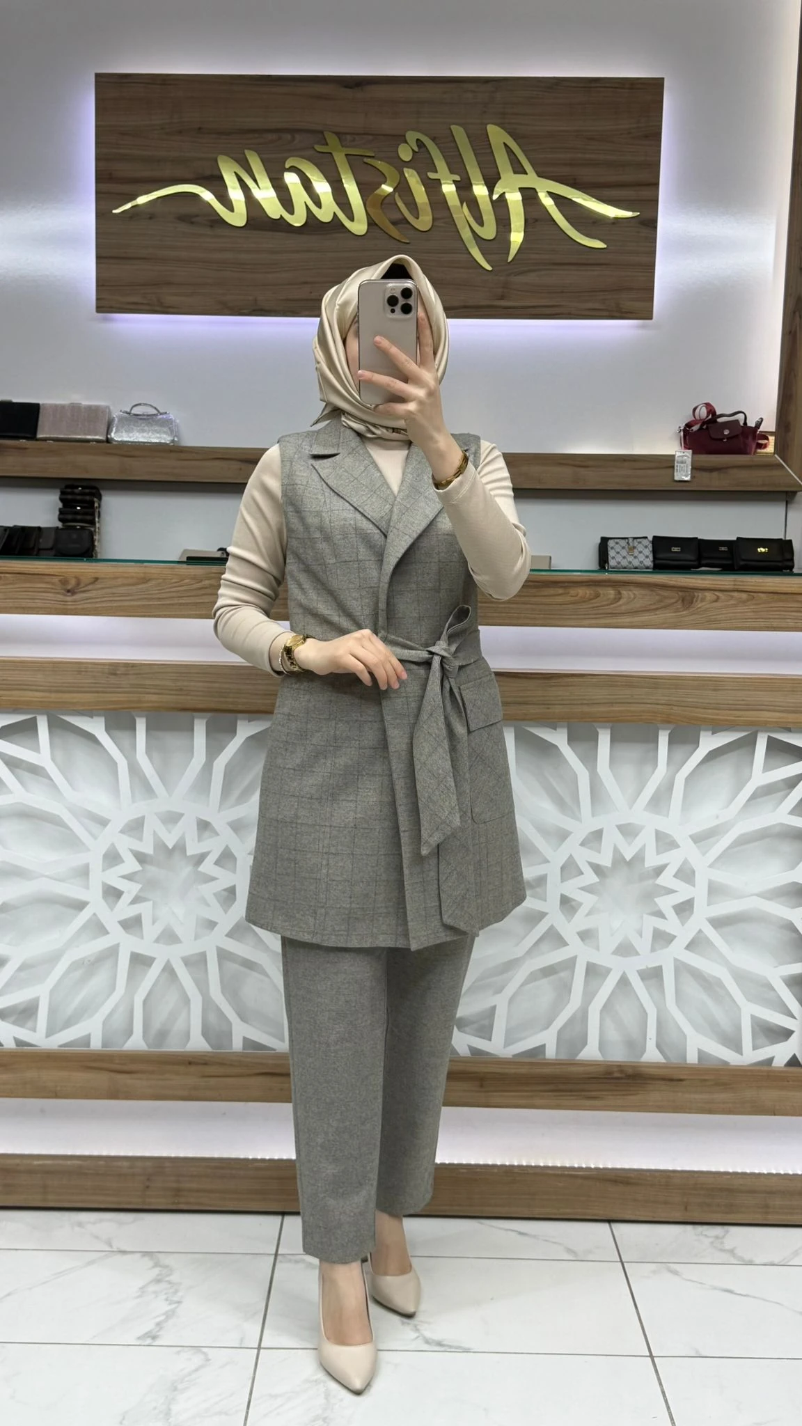 Ekose Desenli Üçlü Kombin Takım ZÜHRE TK-1050 - vizon