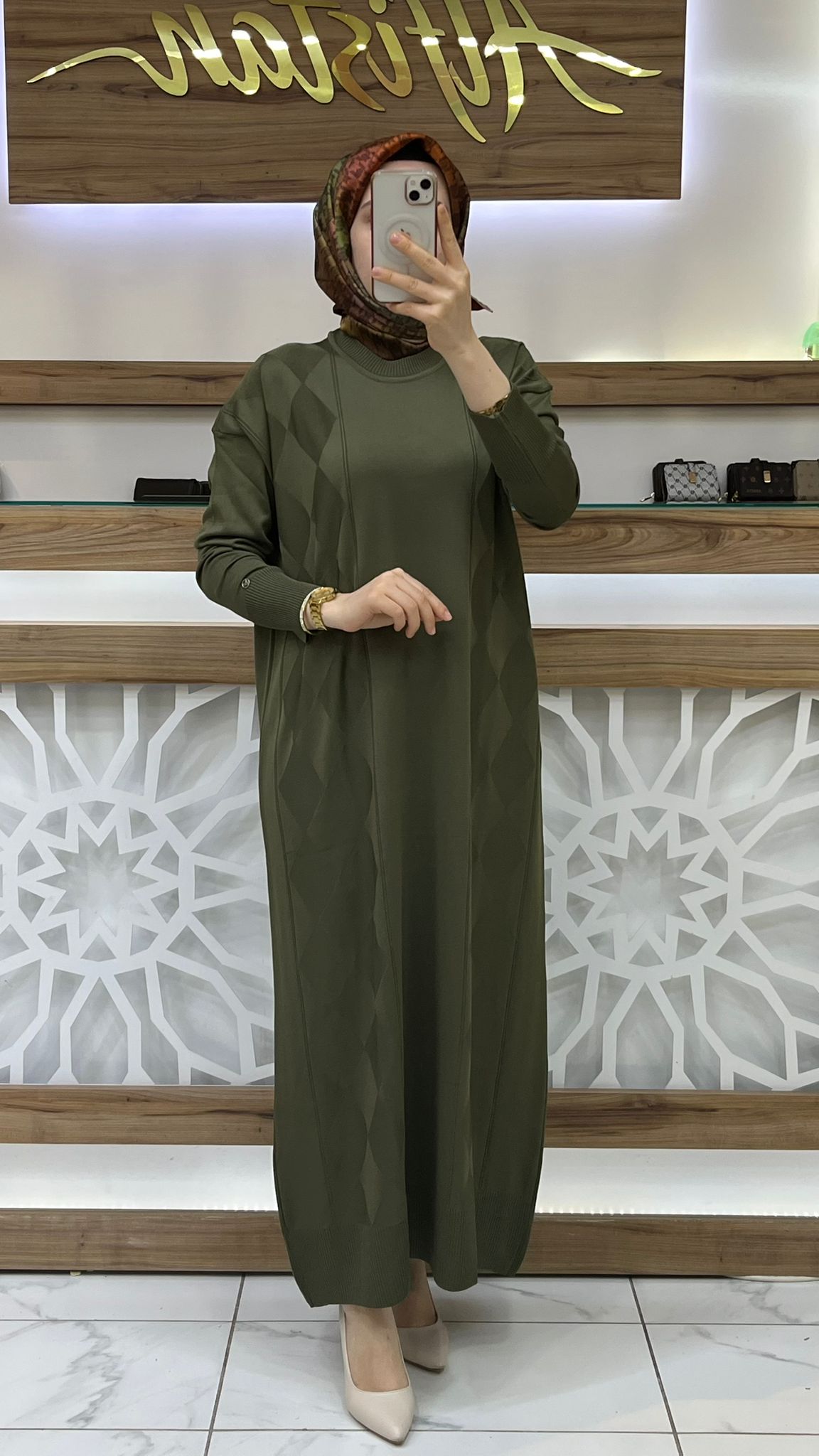 Baklava Desenli Merserize Elbise armn  25YTD958 - haki