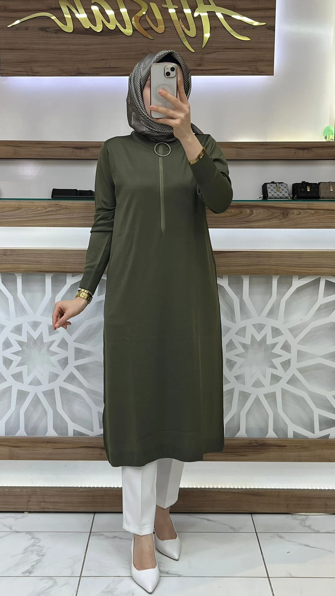 Fermuarlı Merserize Tunik armn 25YTD4113 - yeşil