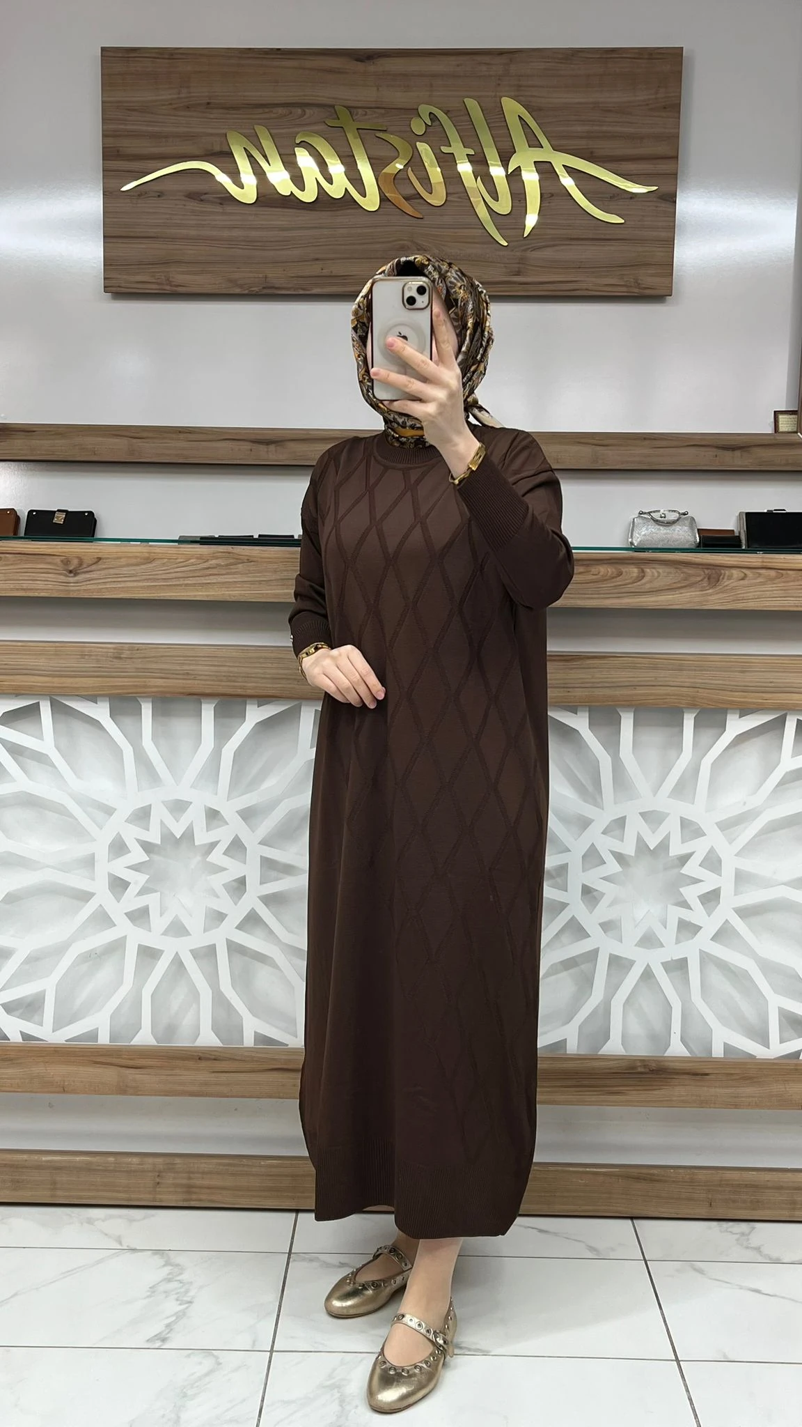 Baklava Desenli Merserize  Elbise armn 25KTD957 - Kahvrengi