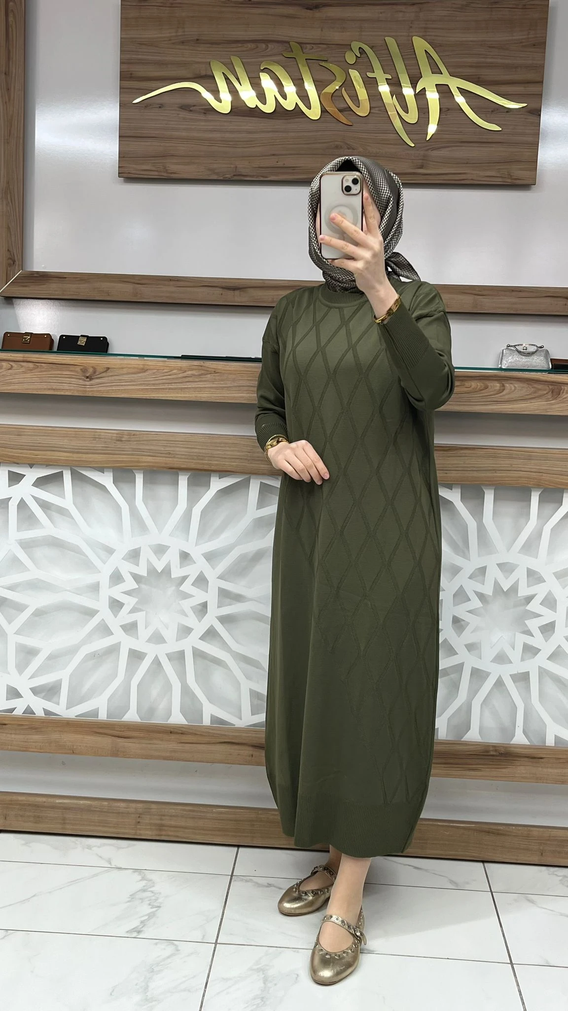 Baklava Desenli Merserize  Elbise armn 25KTD957 - haki