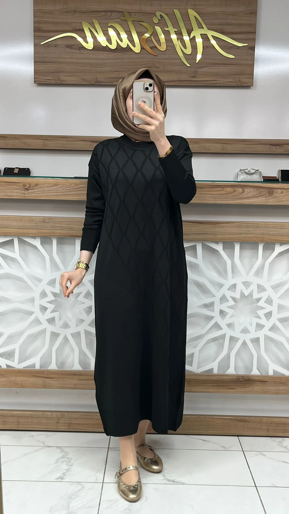 Baklava Desenli Merserize  Elbise armn 25KTD957