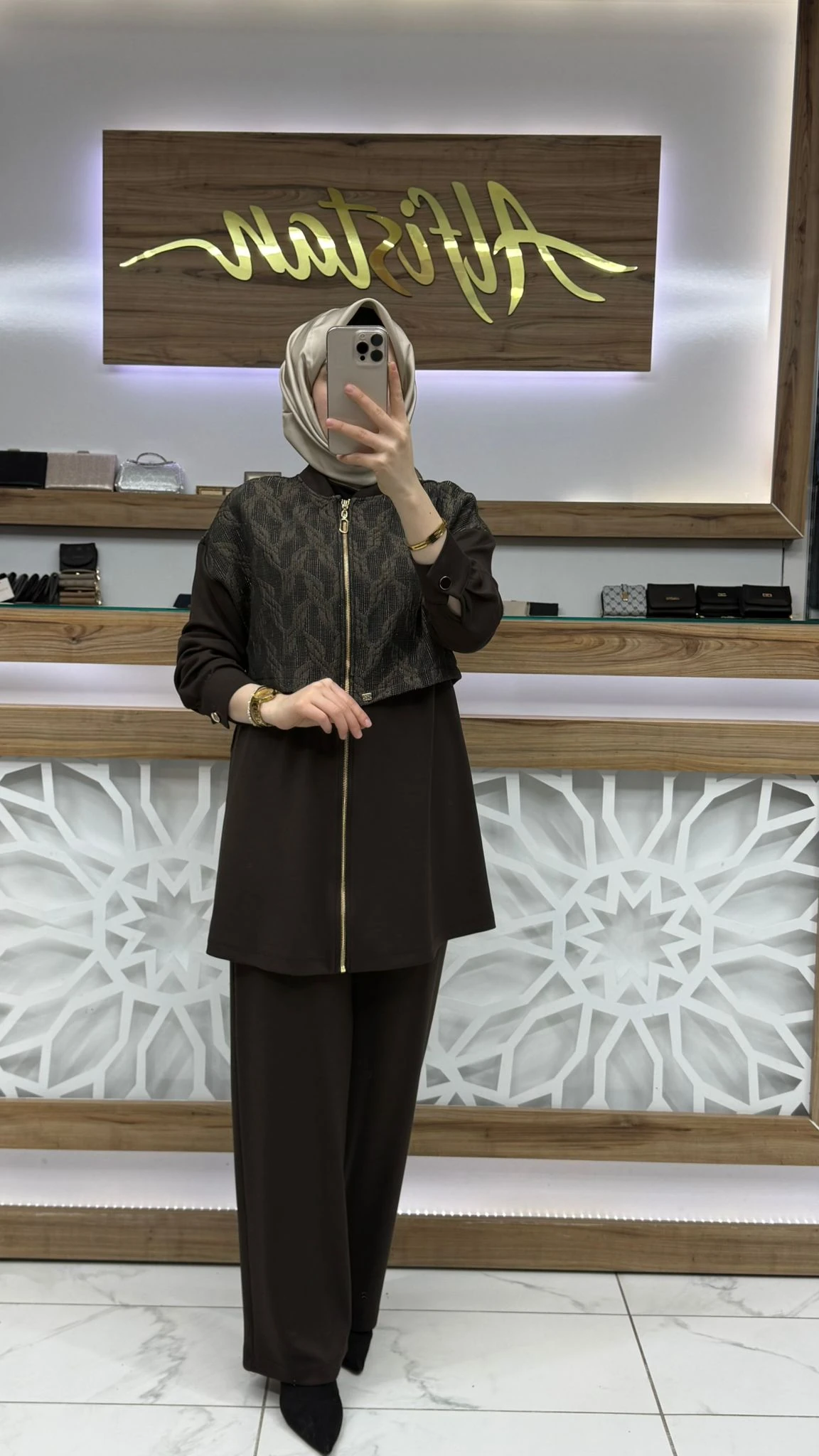 Hakim Yaka Fermuarlı Siyah İkili Takım zühre TK-1727 - kahverengi