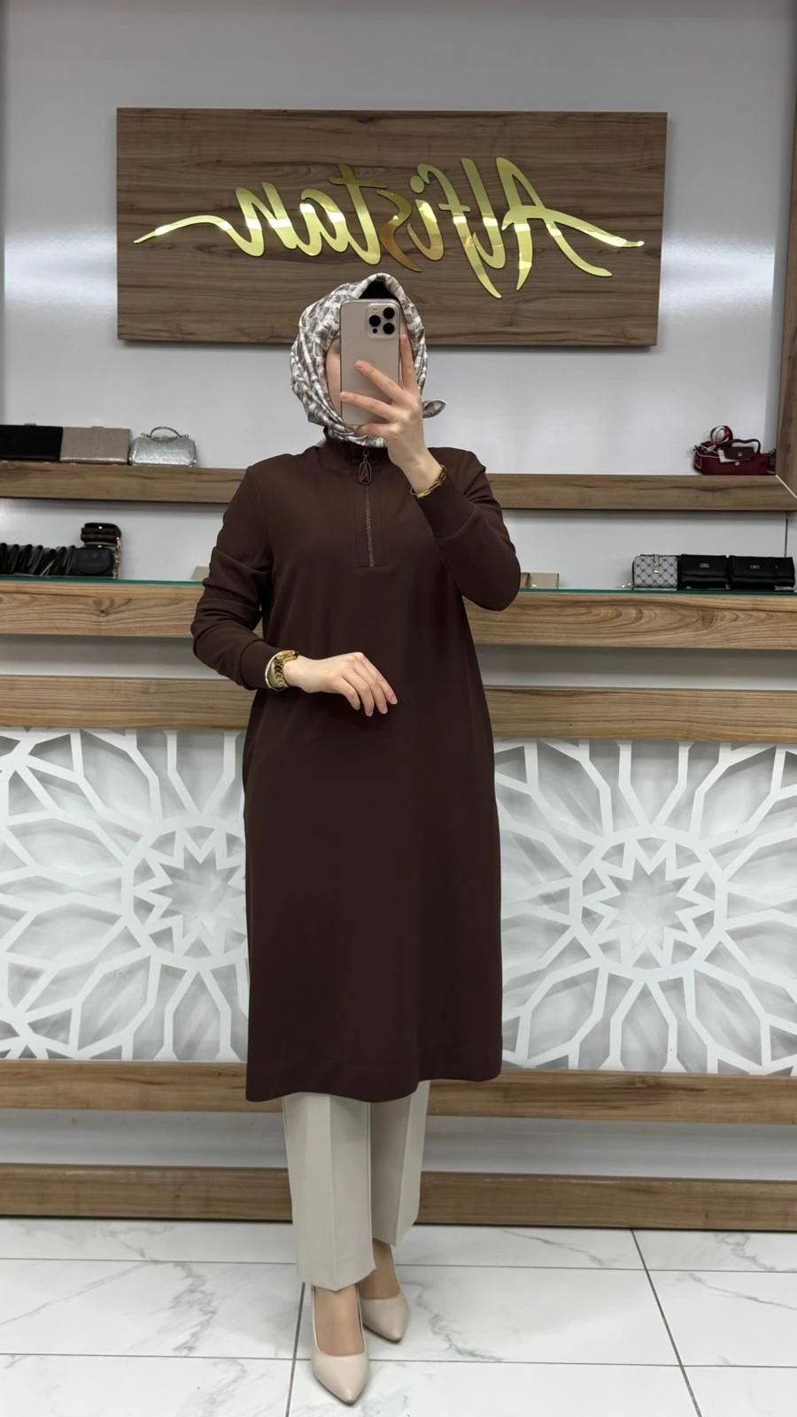 Ribana Detaylı Tunik armn 25KT456 - Kahvrengi