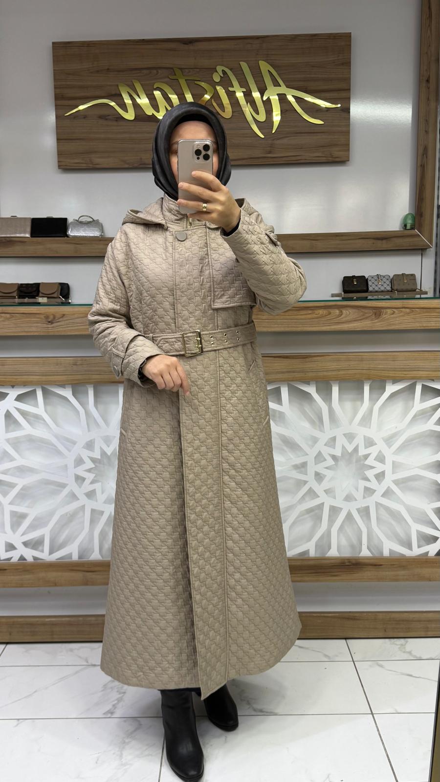 Kapüşonlu Kemerli Giy Çık Kap ZÜHRE 13528 - Taş