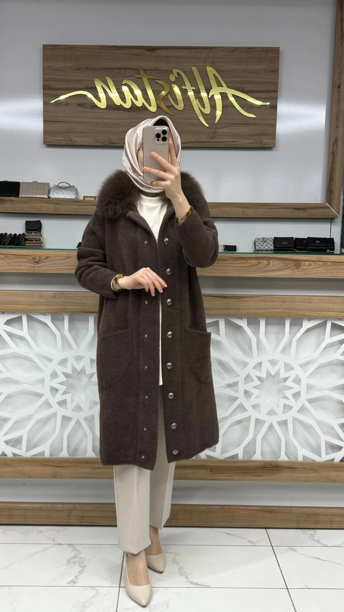 Angora Kürk Detaylı Kap nuss  26K7011 - kahverengi