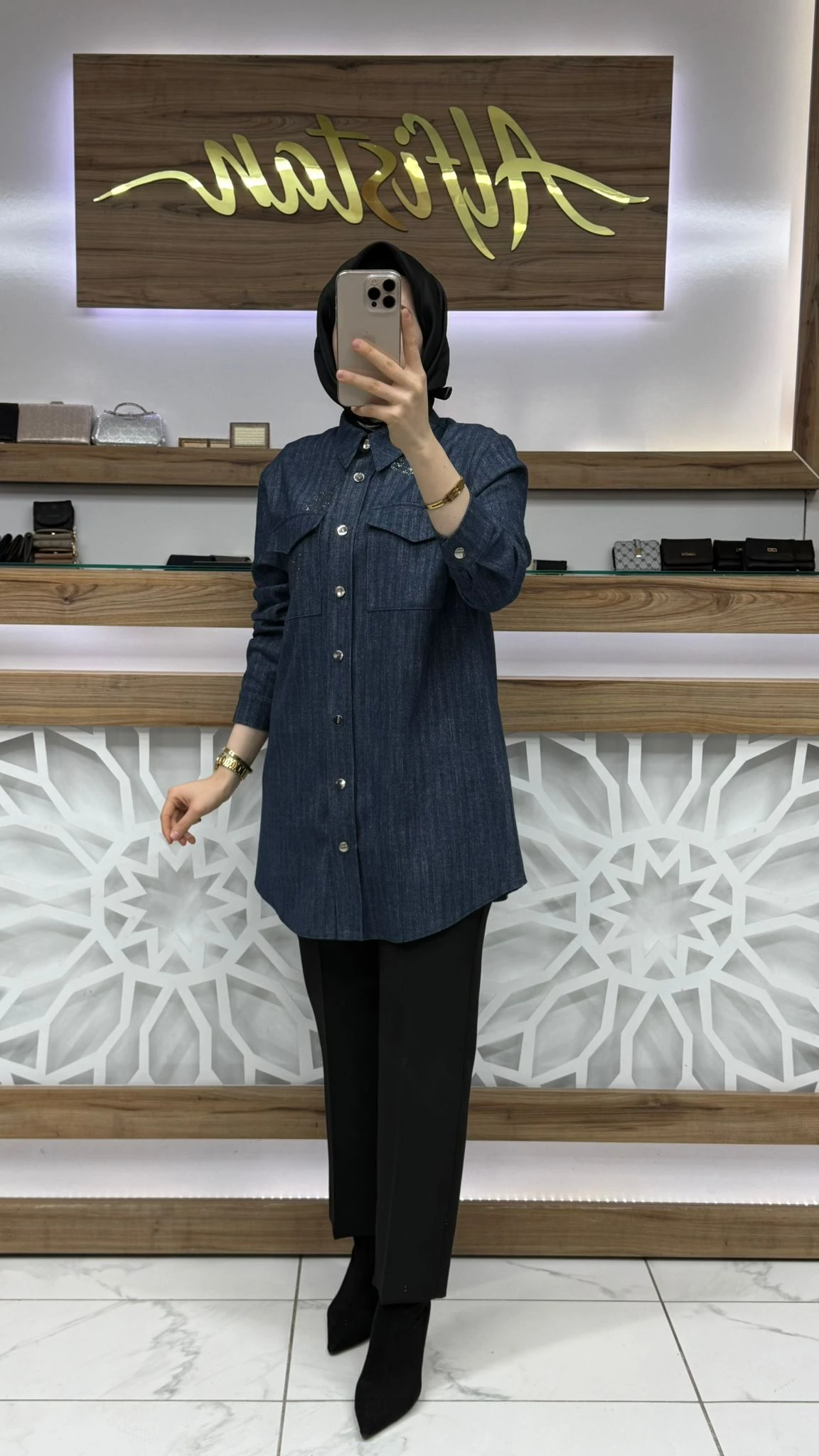 Desenli Cep Detaylı Kahve Gömlek LACİVERT  zühre G-0117