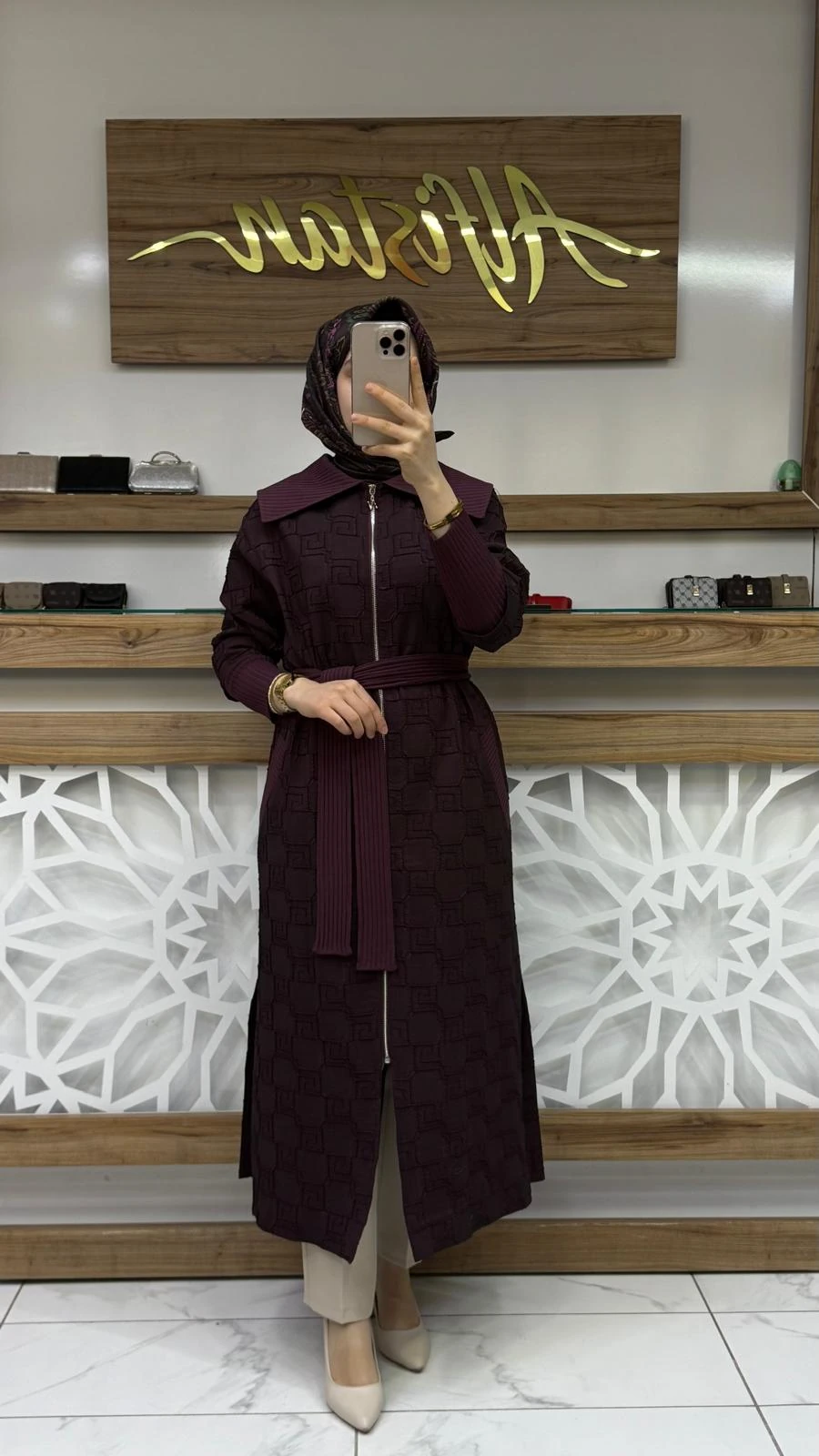 Yaka Manşet ve Kemeri Triko  İçi Astarlı Jakar Kap nuss  26K604 - Bordo