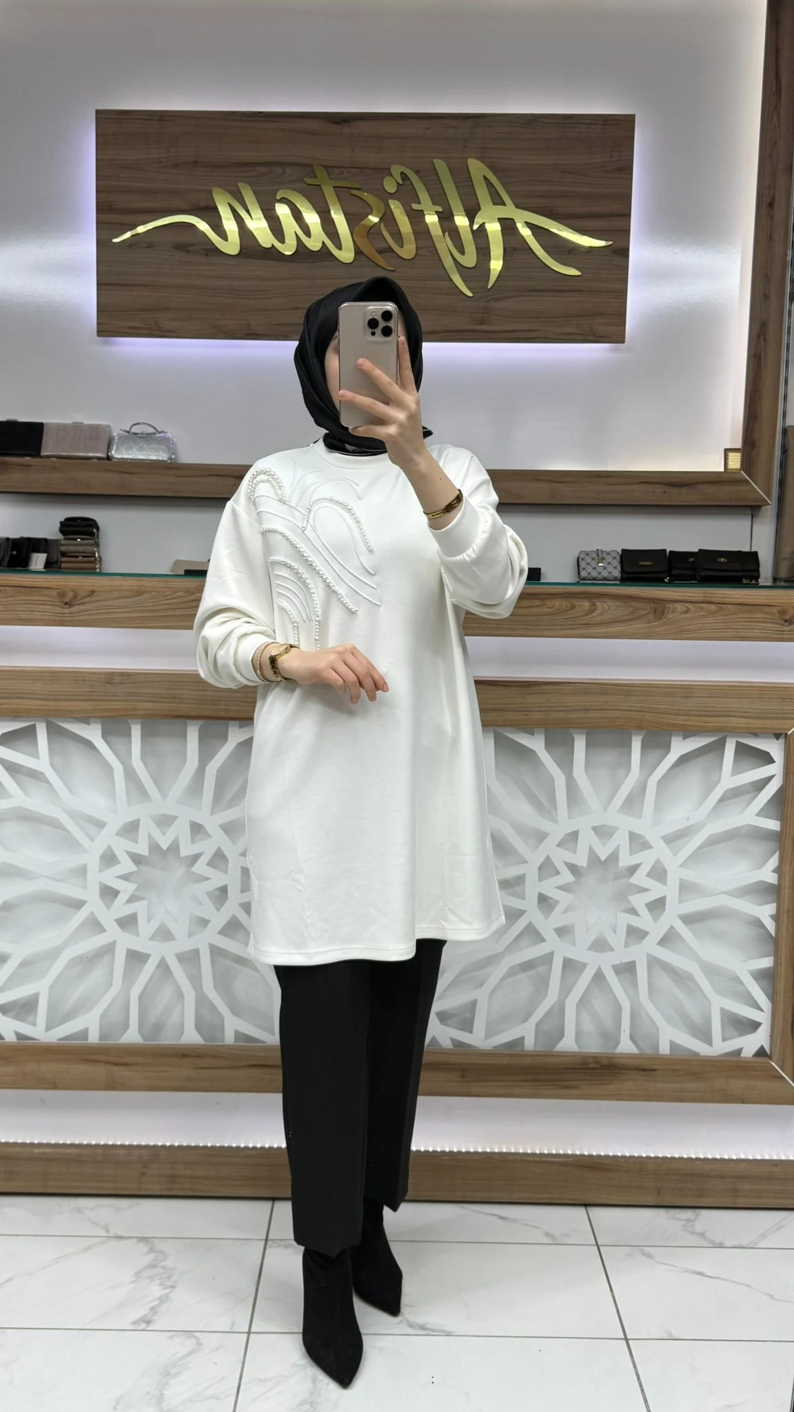 Önü İnci Taş İşlemeli Tunik lvdr 1012 - ekru