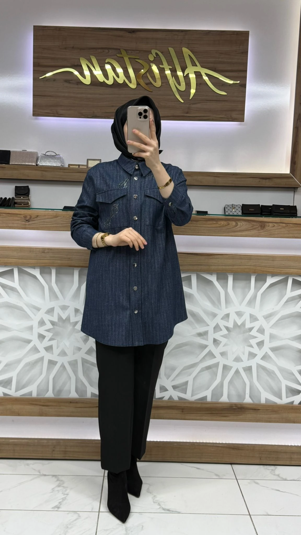 Desenli Cep Detaylı Kahve Gömlek LACİVERT  zühre G-0117