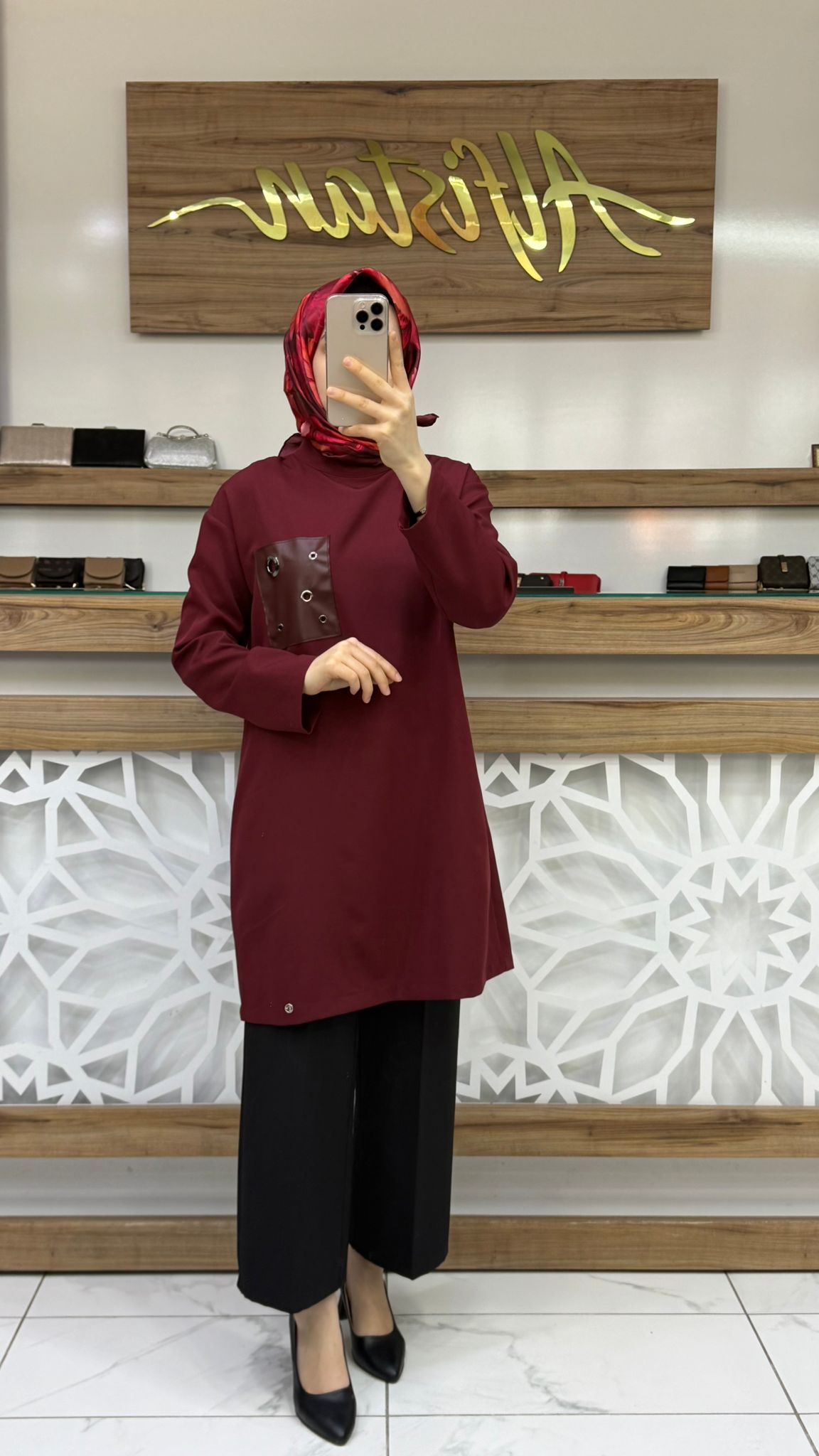 Deri Ve Kuş Gözü Detaylı Tunik armn 25KT438 - Bordo