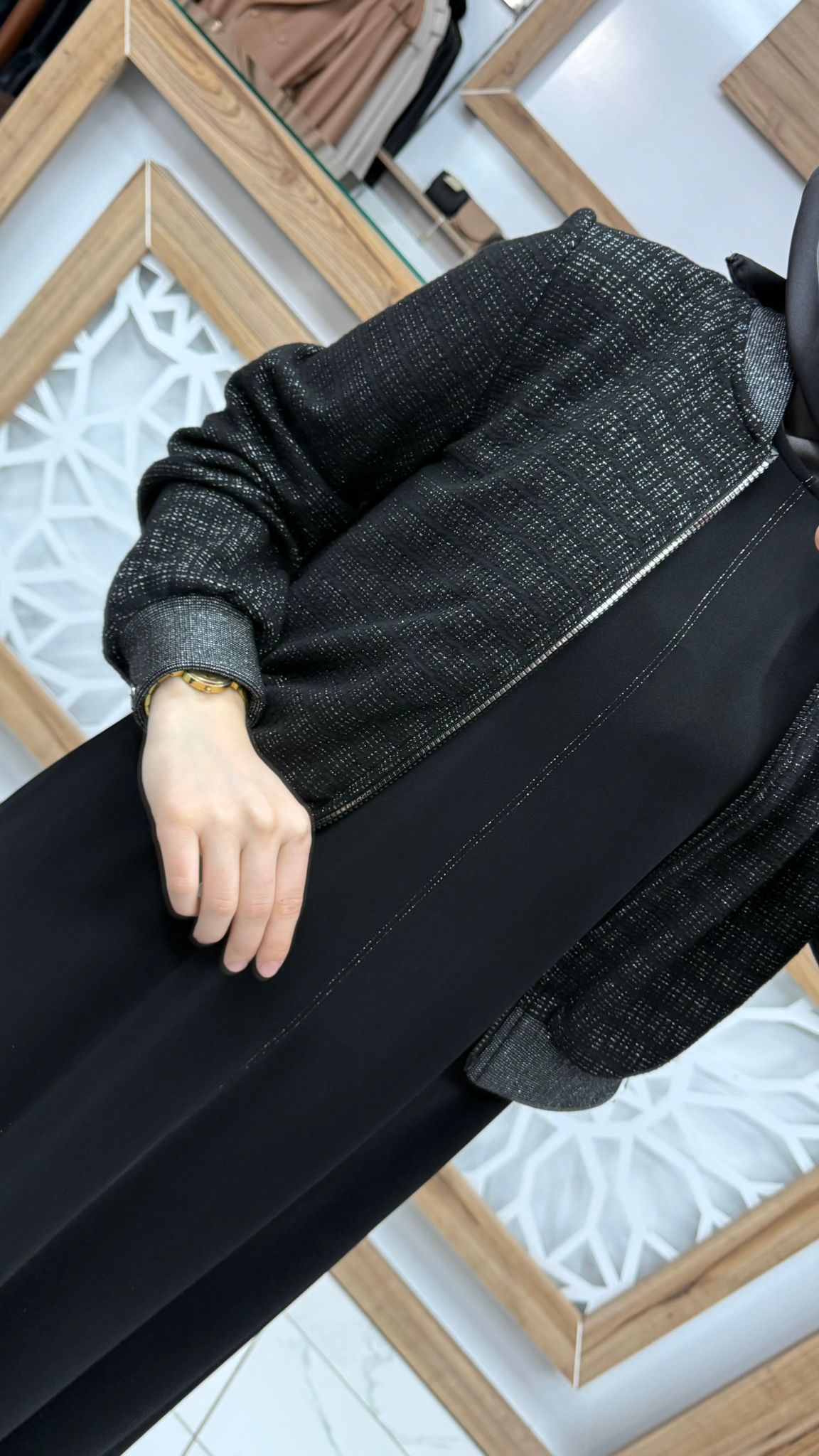 Desenli Bomber Ceket Elbise Siyah İkili Takım ZÜHRE TK-1662