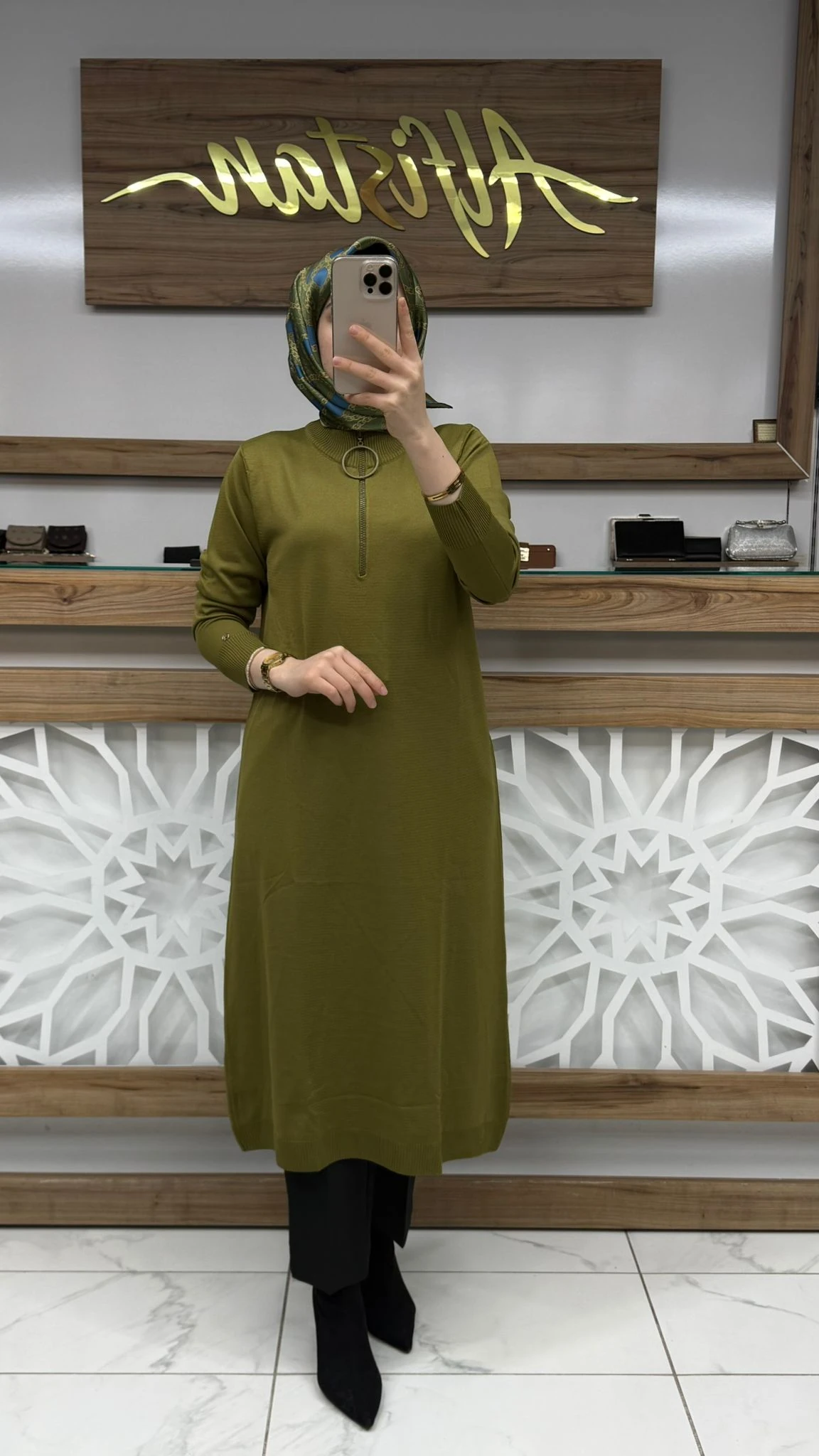 Fermuarlı Merserize Tunik armn 25YTD4113 - Yağ yeşili