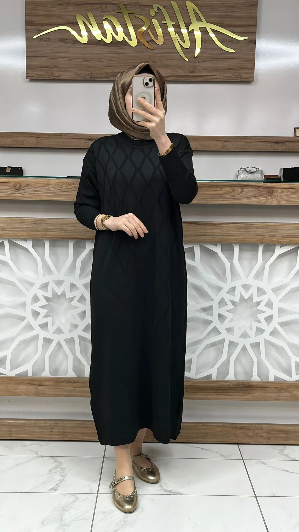 Baklava Desenli Merserize  Elbise armn 25KTD957 - siyah