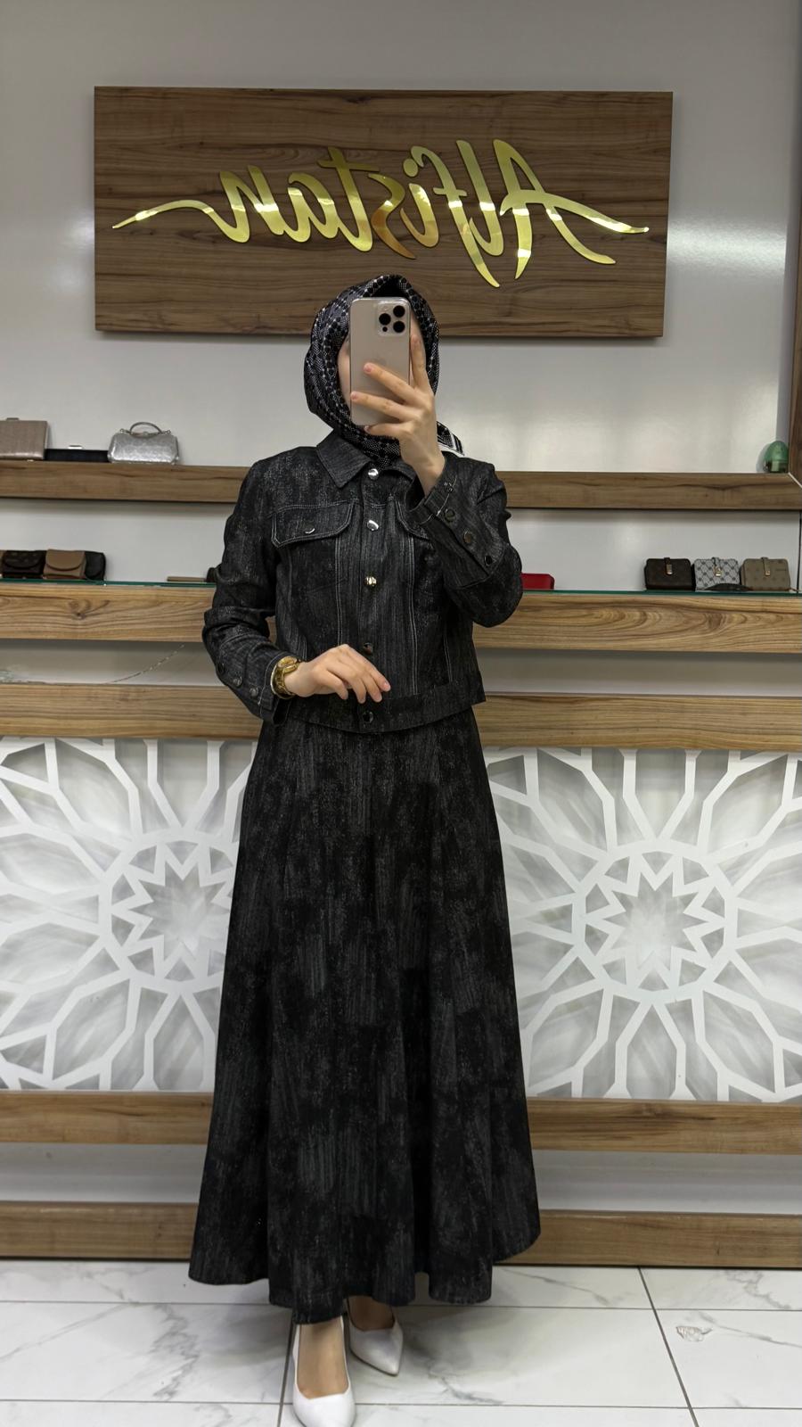 Gömlek Yaka Düğmeli Ceket Etek  İkili Takım TK-1705 - siyah