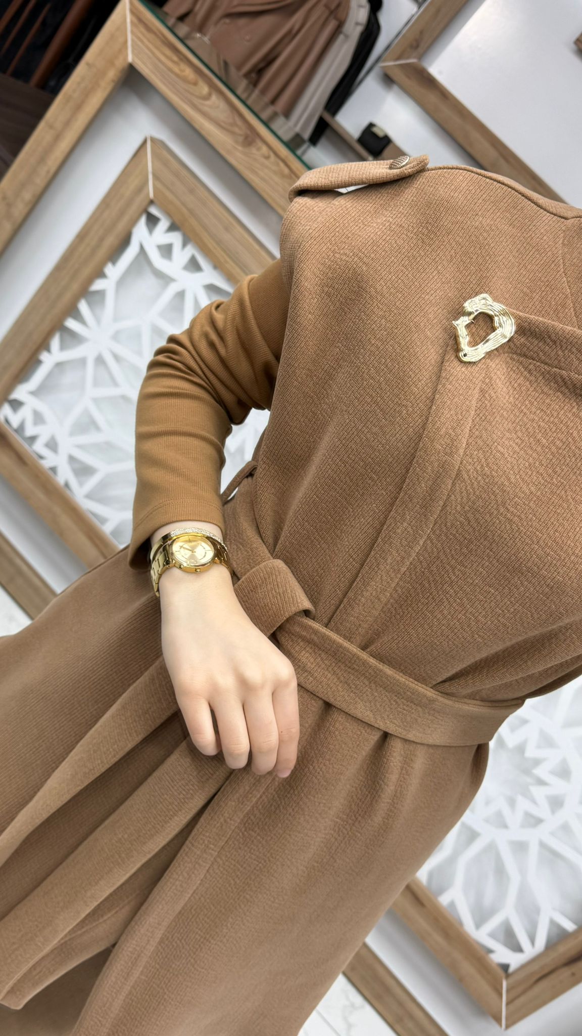 Broş Detaylı Kuşaklı Camel Kombin Takım ZÜHRE TK-1176