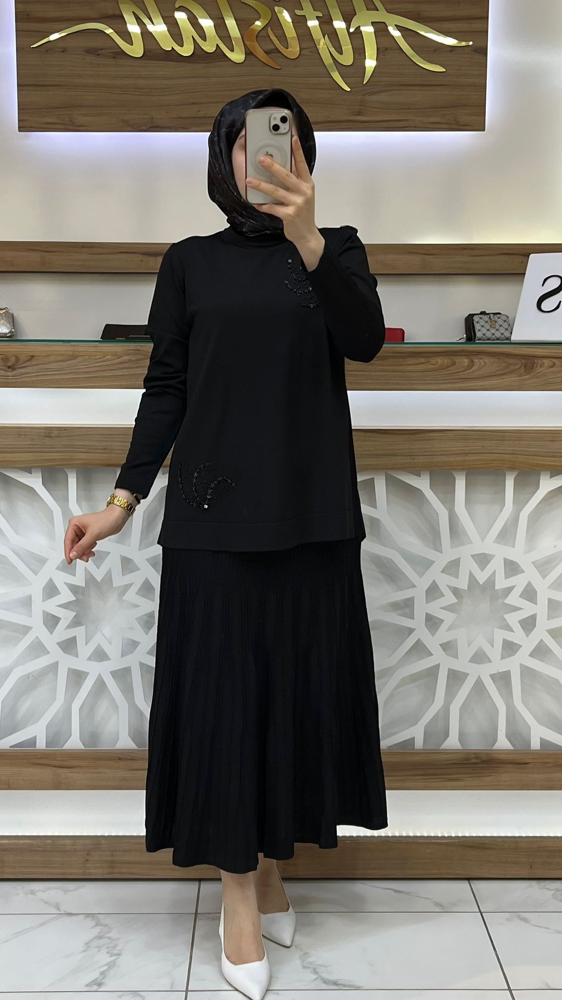 Taş İşlemeli Merserize Takım nuss 26K1352 - siyah