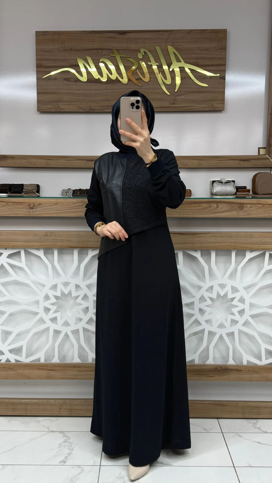 Deri ve Kuş Gözü Detaylı  Elbise çnrö 2251