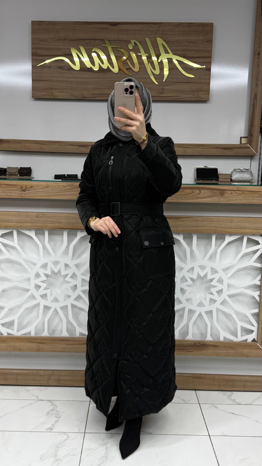 Kapüşonlu Kemerli  Mont ZÜHRE 13936 - siyah