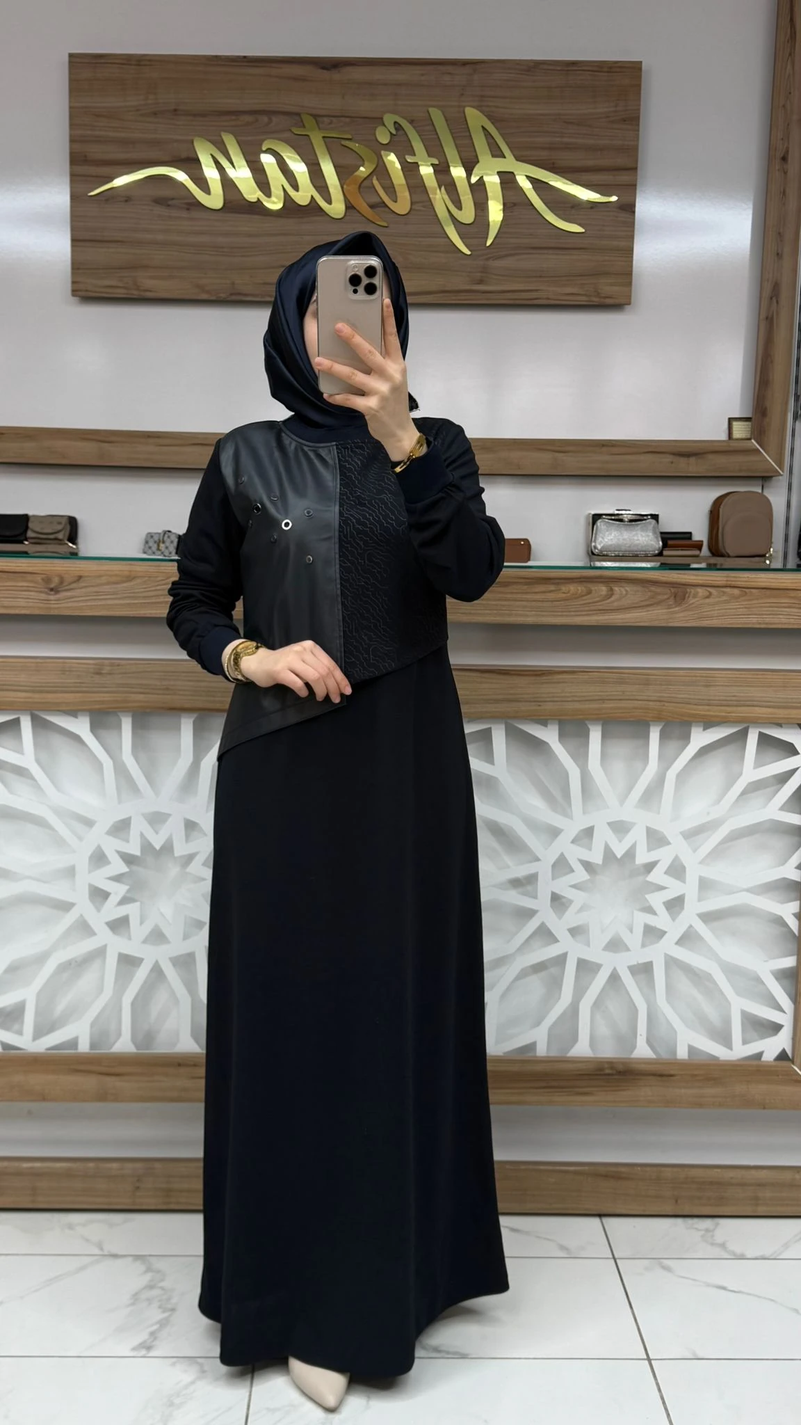 Deri ve Kuş Gözü Detaylı  Elbise çnrö 2251