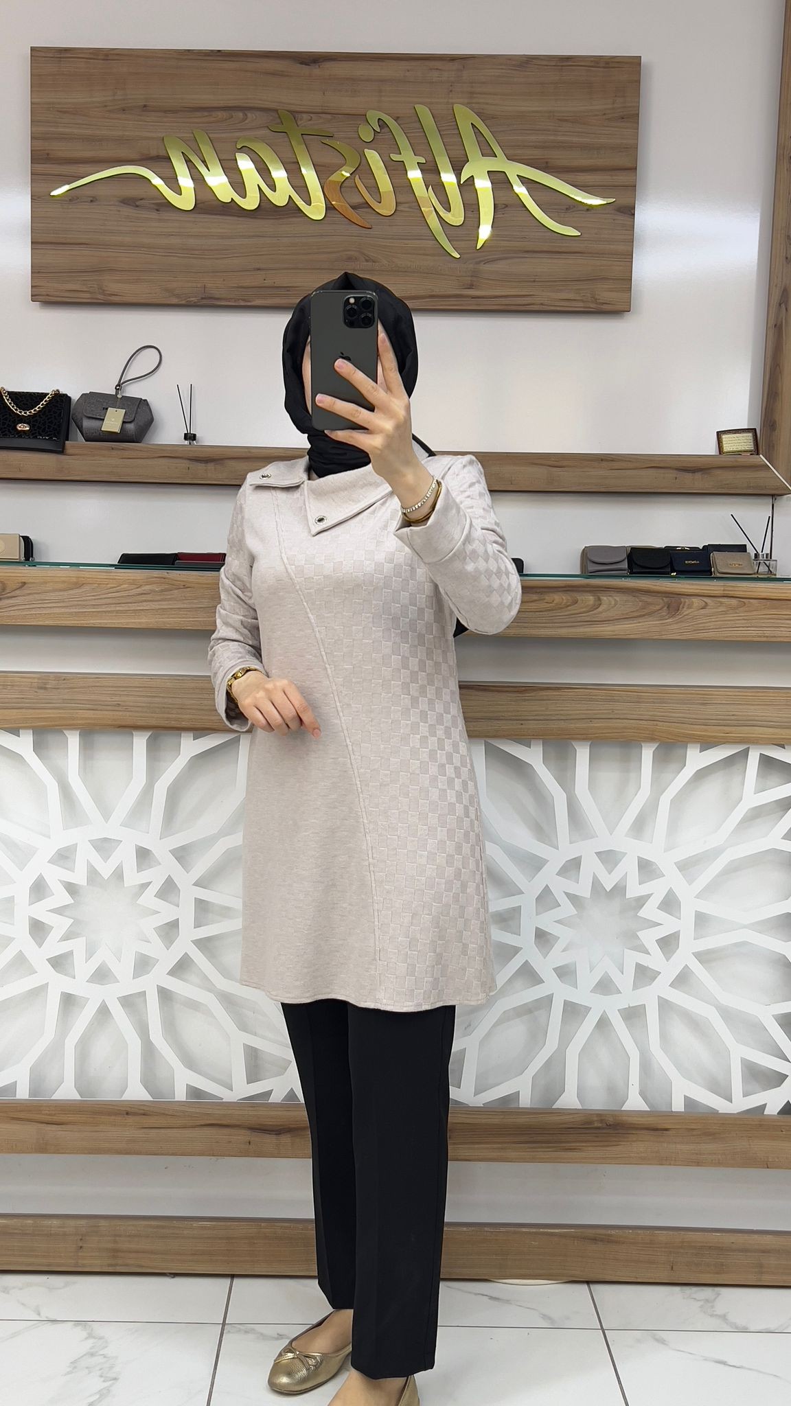 Yakalı Dama Desenli  Kadın Triko Tunik TAŞ qtn 2865