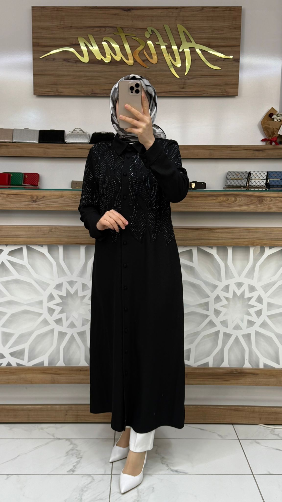  Taşlı Kendinden Simli Uzun Tesettür  Tunik SİYAH qtn 4903 - siyah