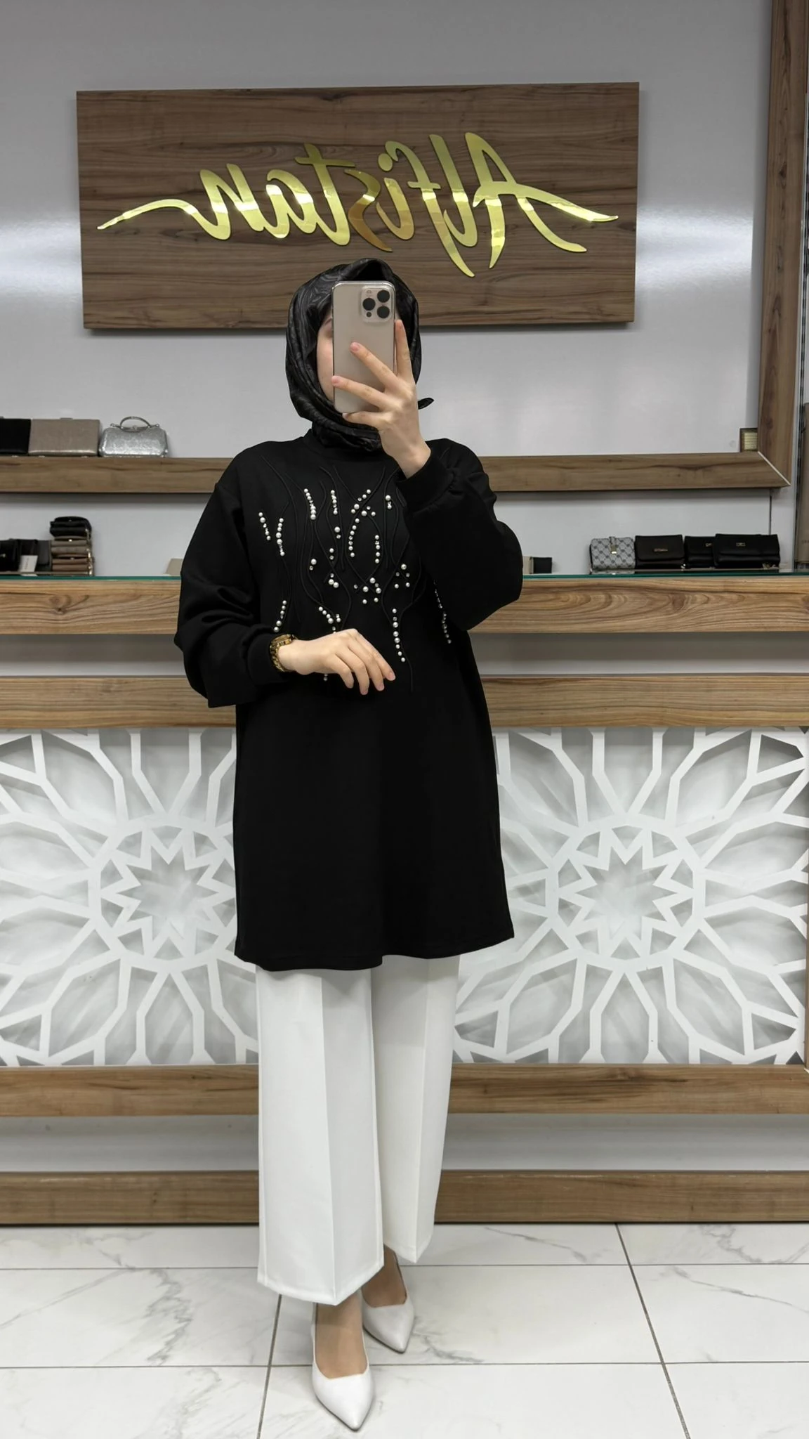 Önü İnci Taş İşlemeli Tunik lvdr 1013 - siyah